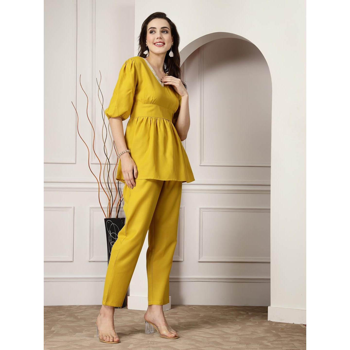 Stylum Women's Embroidered Cotton Blend Co-Ord Set (In, Alpha, 4Xl, Regular, Yellow)