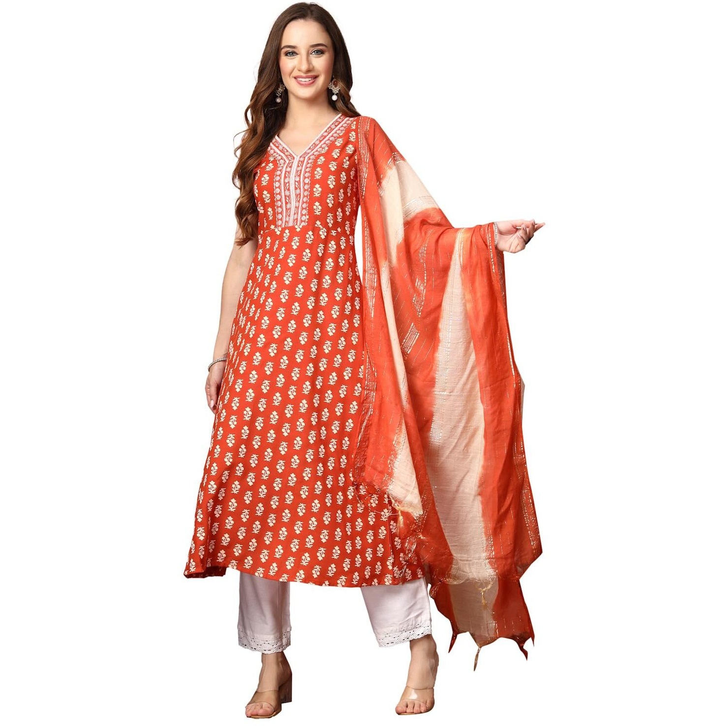 Stylum Women's Printed & Embroidered Rayon A-Line Kurta Dupatta Set (Kdrustmoko40_Rust, L)
