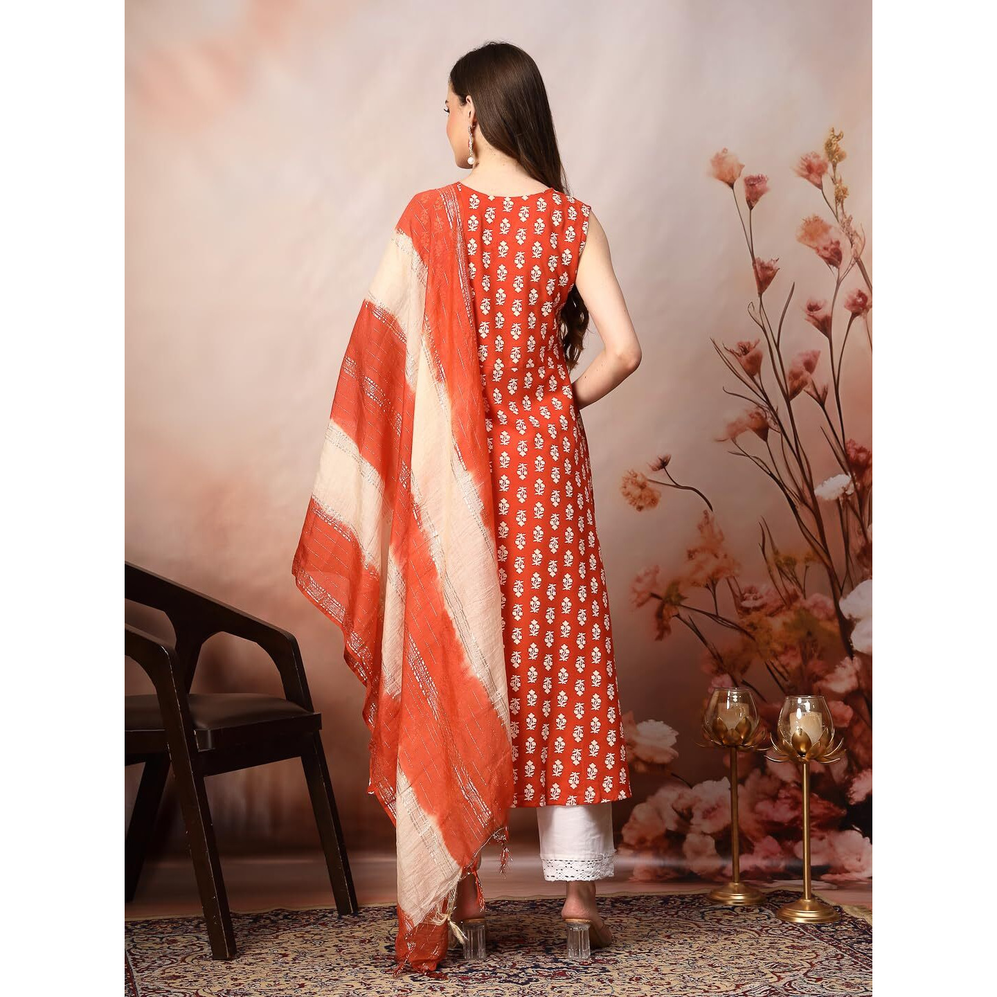 Stylum Women's Printed & Embroidered Rayon A-Line Kurta Dupatta Set (Kdrustmoko40_Rust, L)