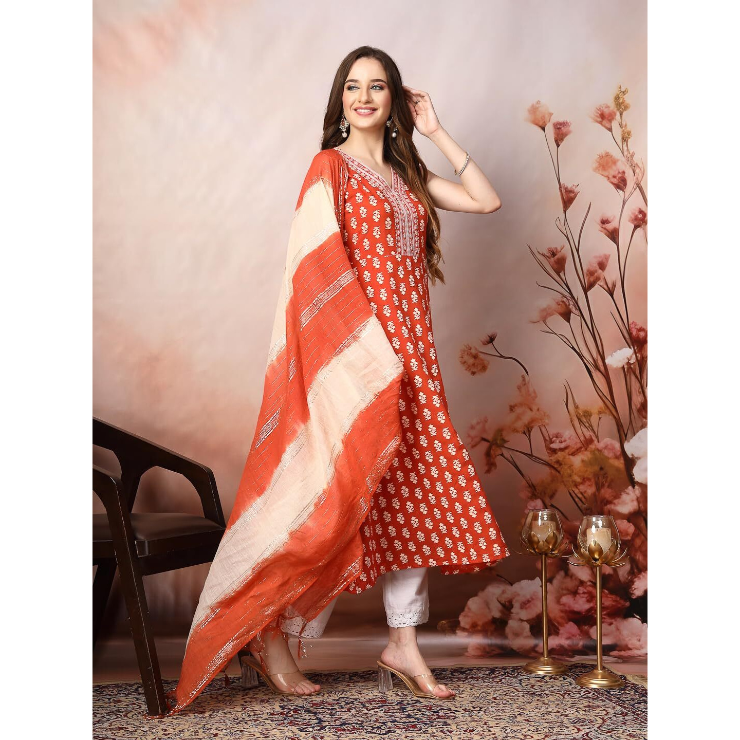 Stylum Women's Printed & Embroidered Rayon A-Line Kurta Dupatta Set (Kdrustmoko40_Rust, L)