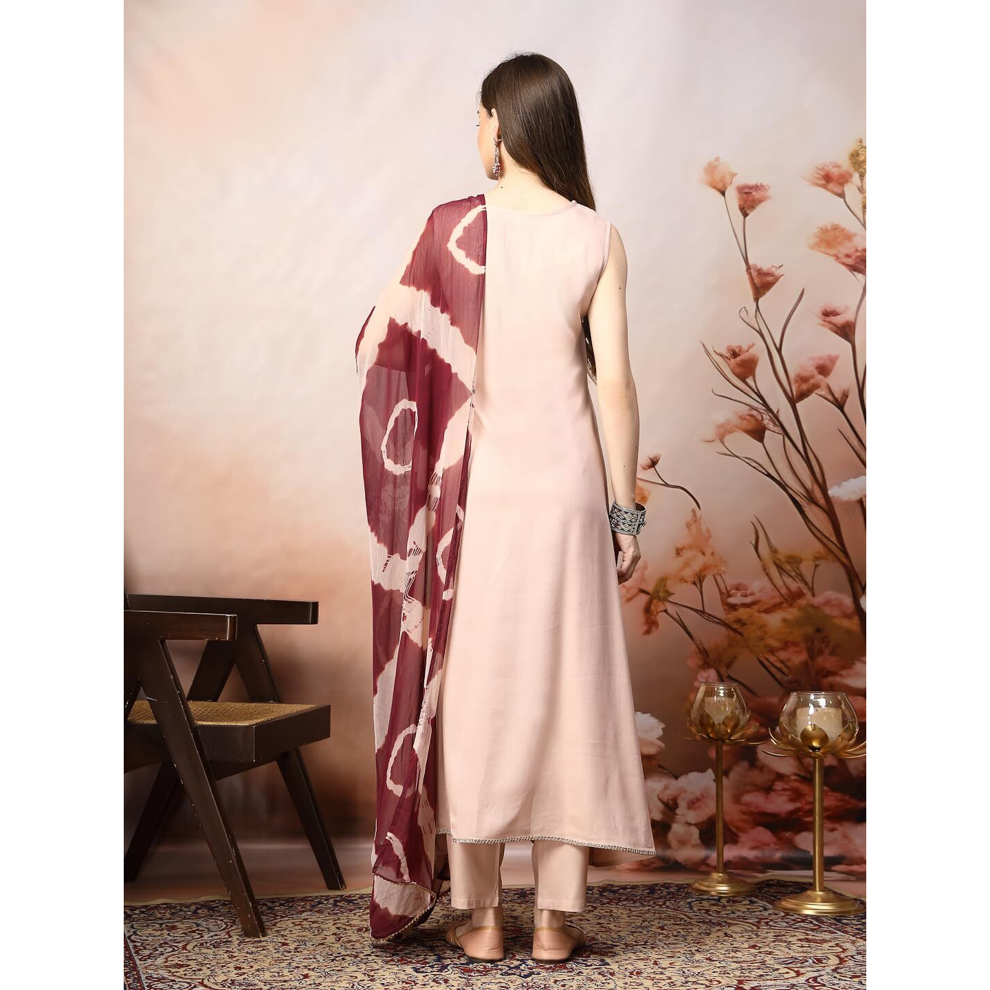 Stylum Women's Solid & Embroidered Rayon A-Line Kurta Dupatta Set (Kdblushjacob44_Rose Gold, Xxl)