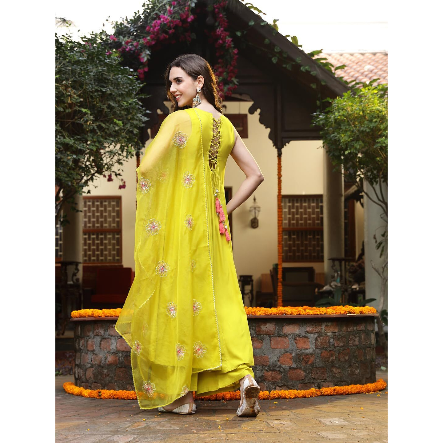 Stylum Women's Solid & Embellished Rayon Flared Kurta Palazzo Dupatta Set (Kpdcornpurvi40_Corn, L)