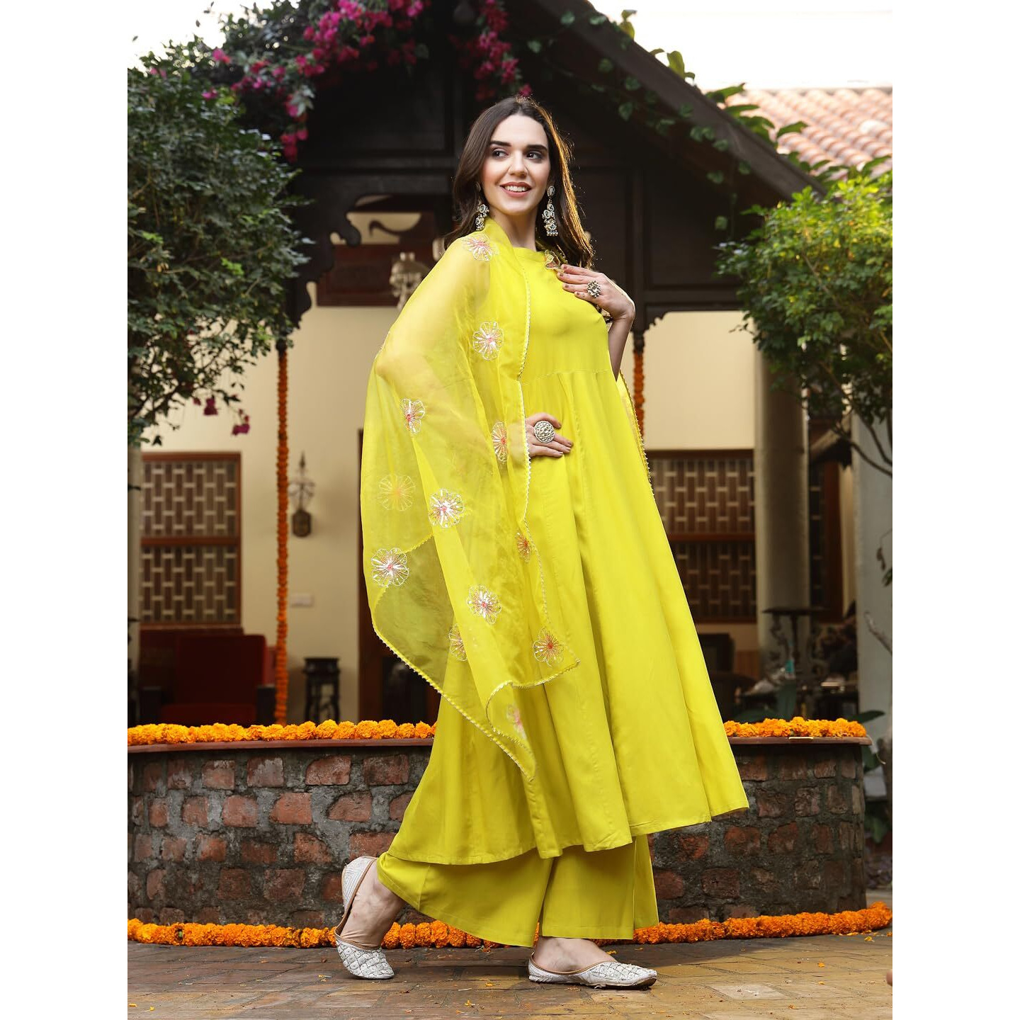 Stylum Women's Solid & Embellished Rayon Flared Kurta Palazzo Dupatta Set (Kpdcornpurvi40_Corn, L)