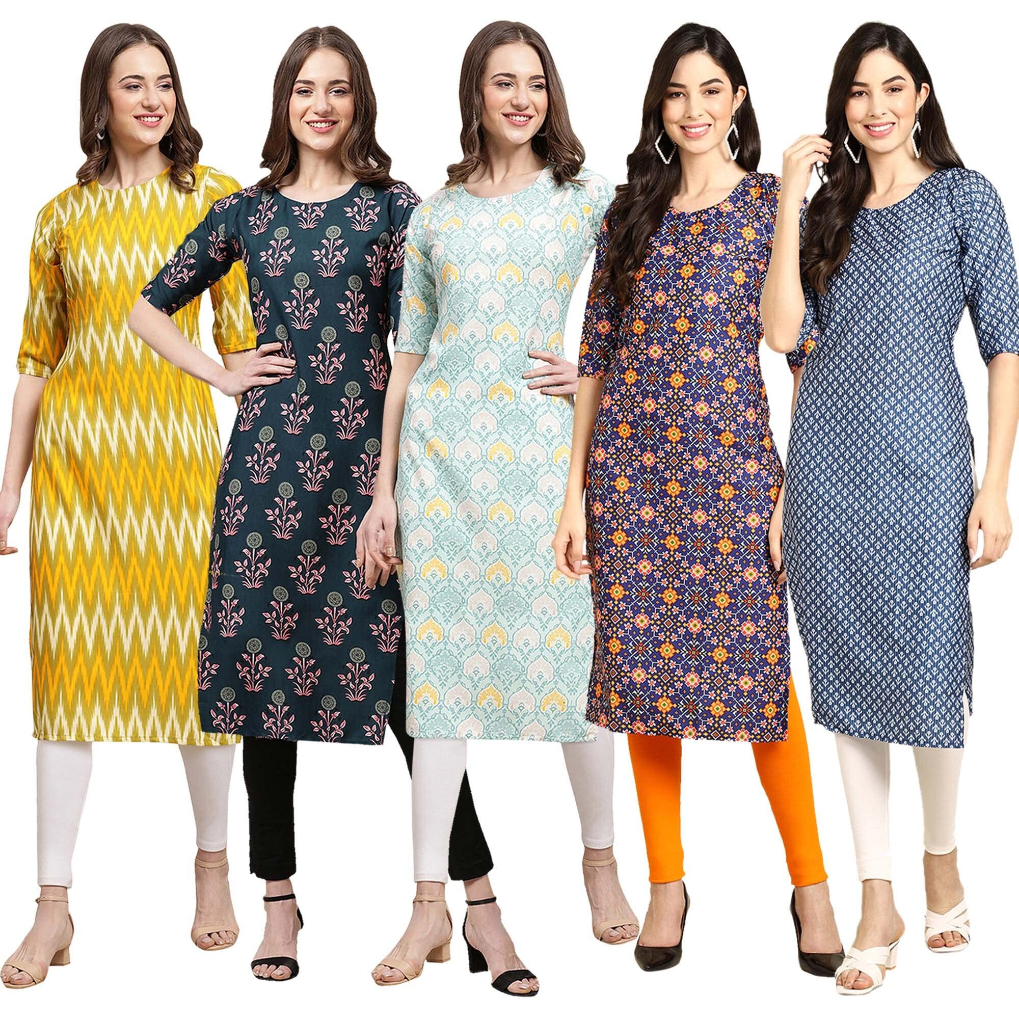 Pinkmint Women's Crepe Digital Print Straight Kurta (Pack Of 5) [S-329-335-343-369-367-S]