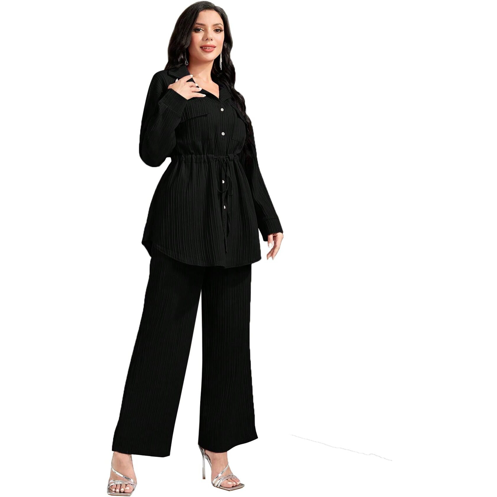 Tadkee Women's Solid Color Casual Long Sleeve Top And Pant Co-Ord Set With Pockets | Co Ord Set For Women | Kurta Set For Women (Fn-Sugar-Full-Pocket-127-Black-Xl)