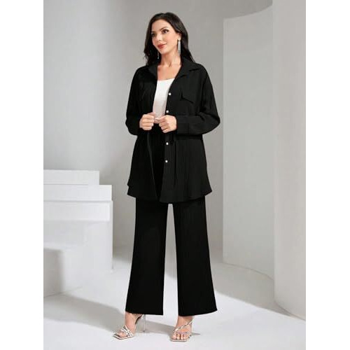 Tadkee Women's Solid Color Casual Long Sleeve Top And Pant Co-Ord Set With Pockets | Co Ord Set For Women | Kurta Set For Women (Fn-Sugar-Full-Pocket-127-Black-Xl)