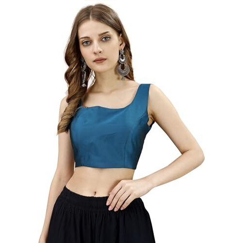 Womanista Women's Tafeta Solid Sleeveless Regular Fit Sequinned Blouse (Bls_53_Light Blue M)