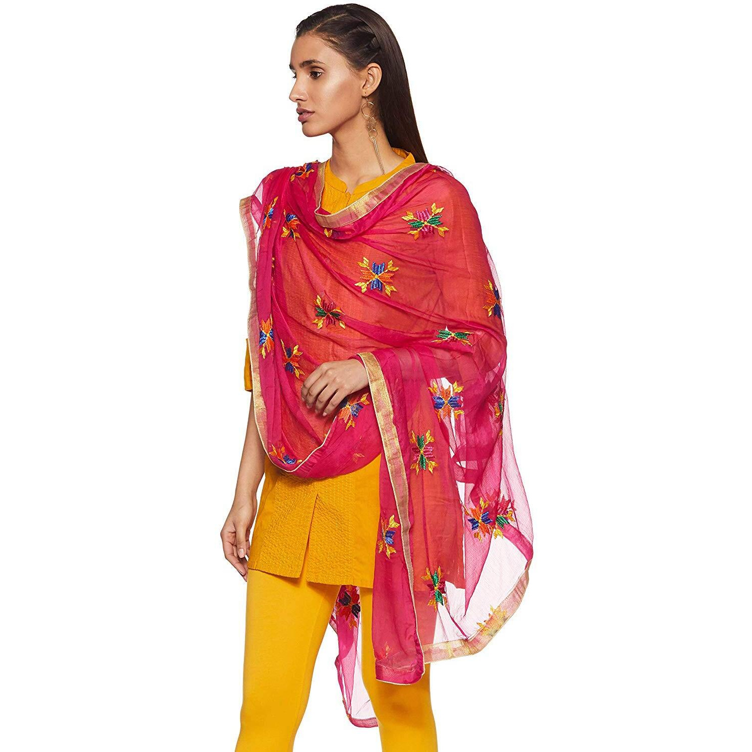 Weavers Villa Punjabi Hand Embroidery Phulkari Buty Work Faux Chiffon Pink Dupatta, Stoles (Pink), 2.25 Mtrs