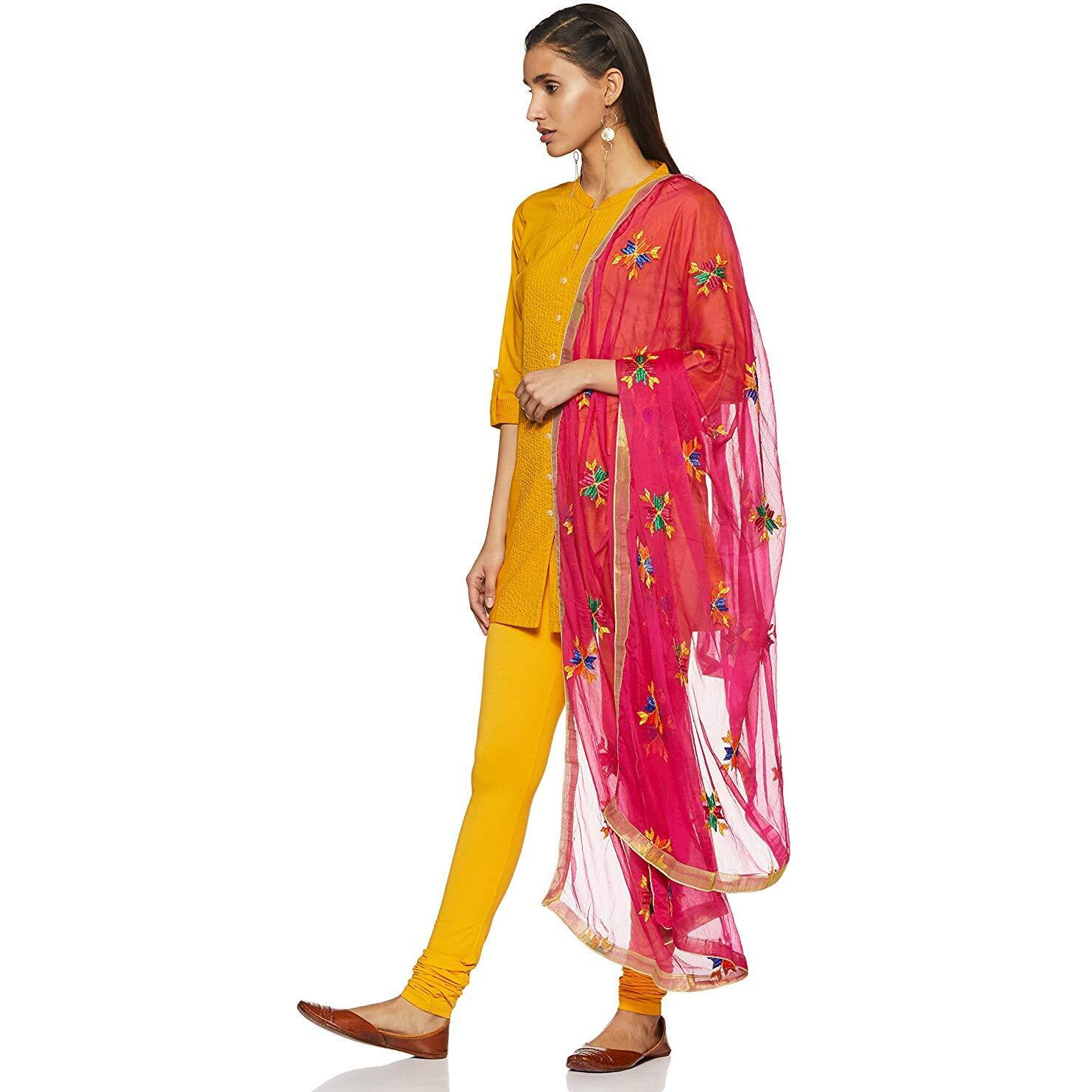 Weavers Villa Punjabi Hand Embroidery Phulkari Buty Work Faux Chiffon Pink Dupatta, Stoles (Pink), 2.25 Mtrs