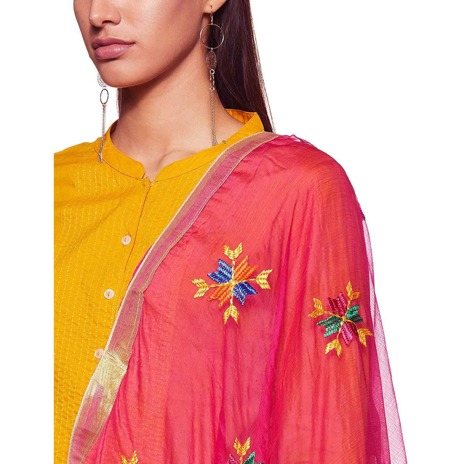 Weavers Villa Punjabi Hand Embroidery Phulkari Buty Work Faux Chiffon Pink Dupatta, Stoles (Pink), 2.25 Mtrs