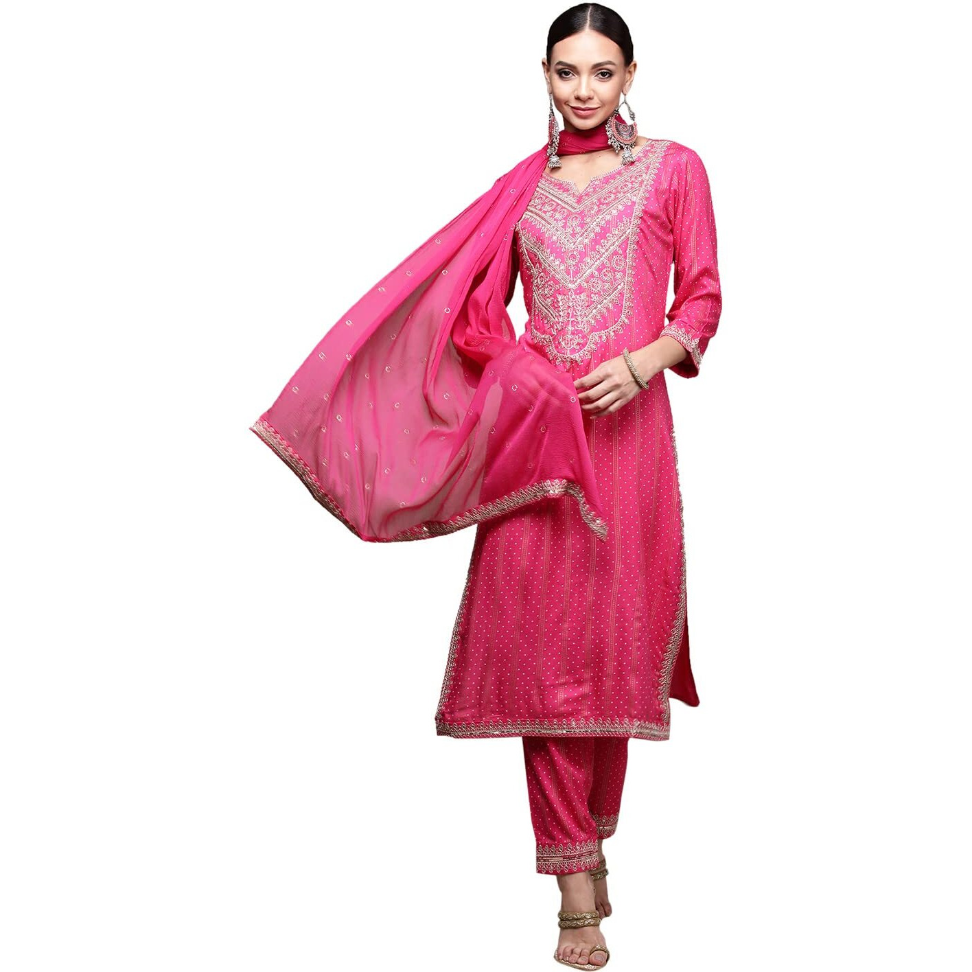 Anubhutee Women's Pink Gotawork Printed Kurta Set With Trousers And Dupatta