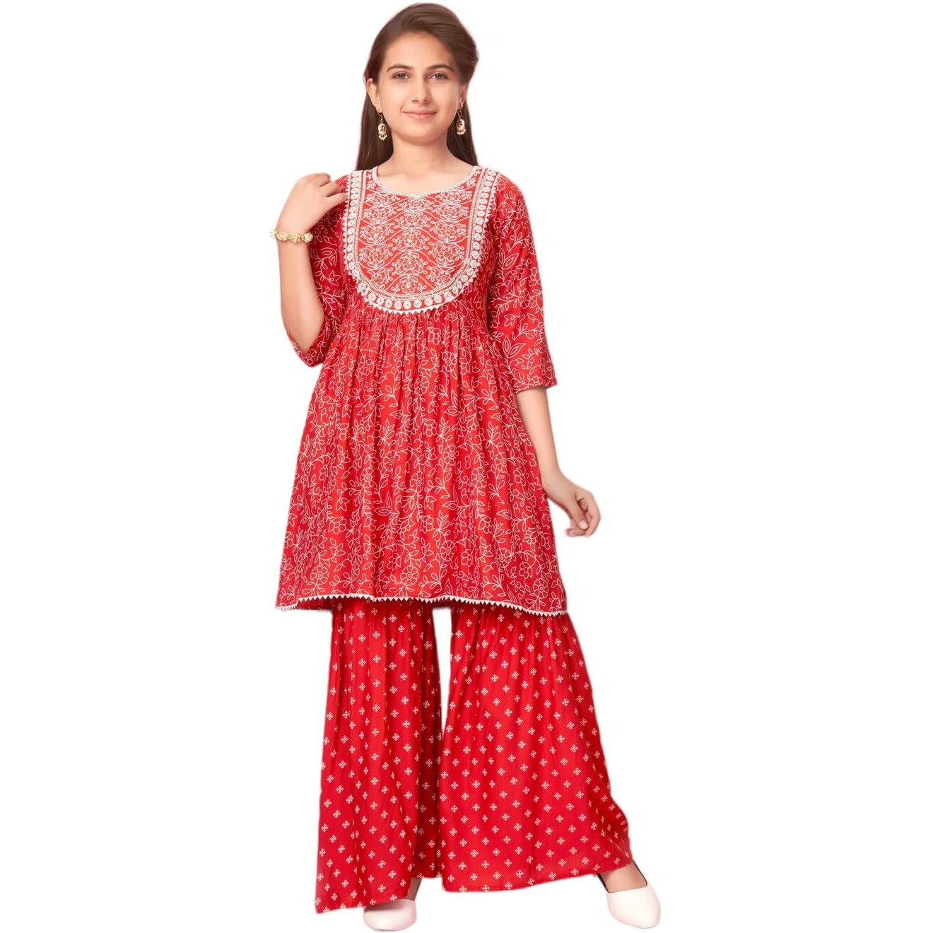 Aarika Girls Orange Colour Cotton Embroidery Kurti Sharara Set (Sh-Ap-C-3-Orange-36)