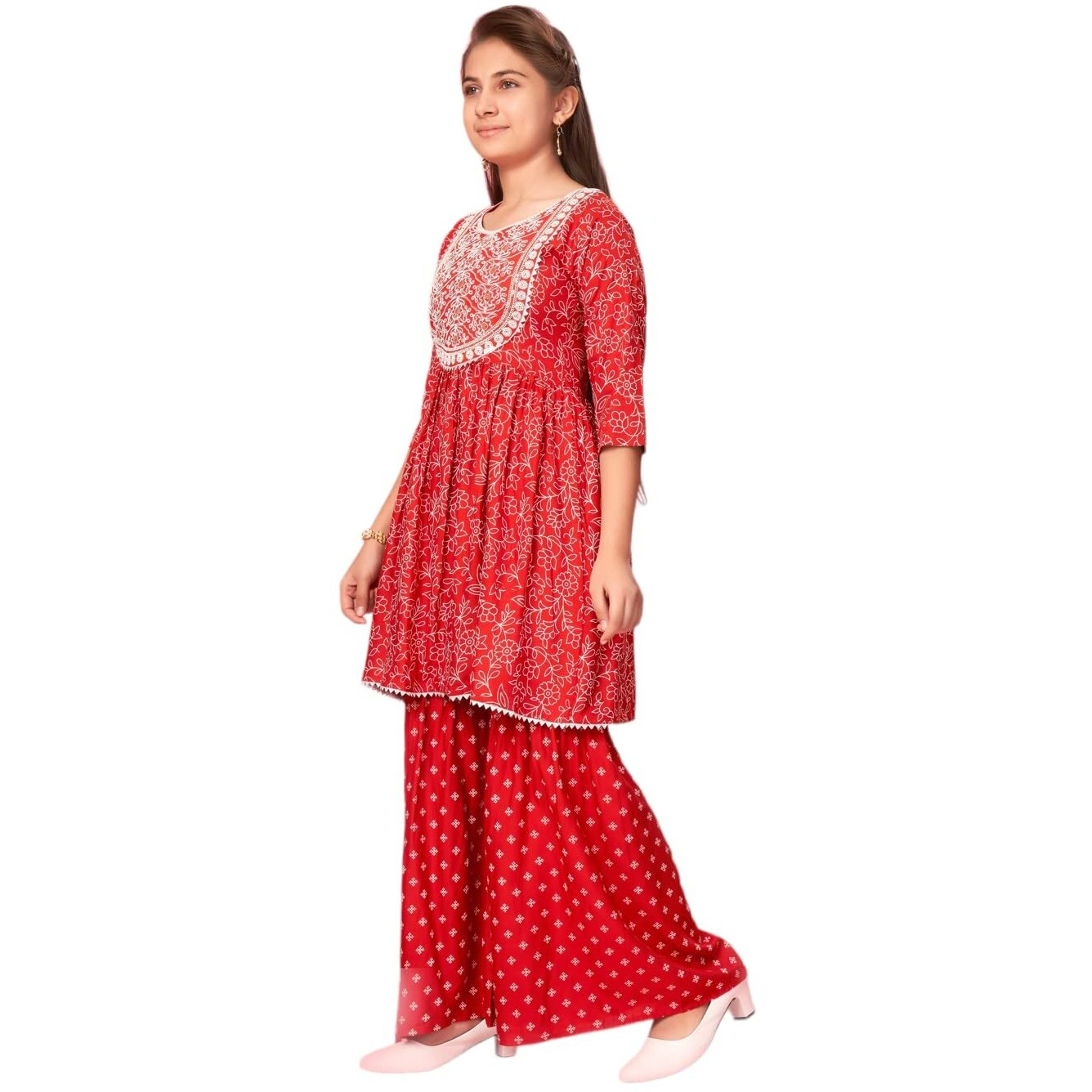 Aarika Girls Orange Colour Cotton Embroidery Kurti Sharara Set (Sh-Ap-C-3-Orange-36)