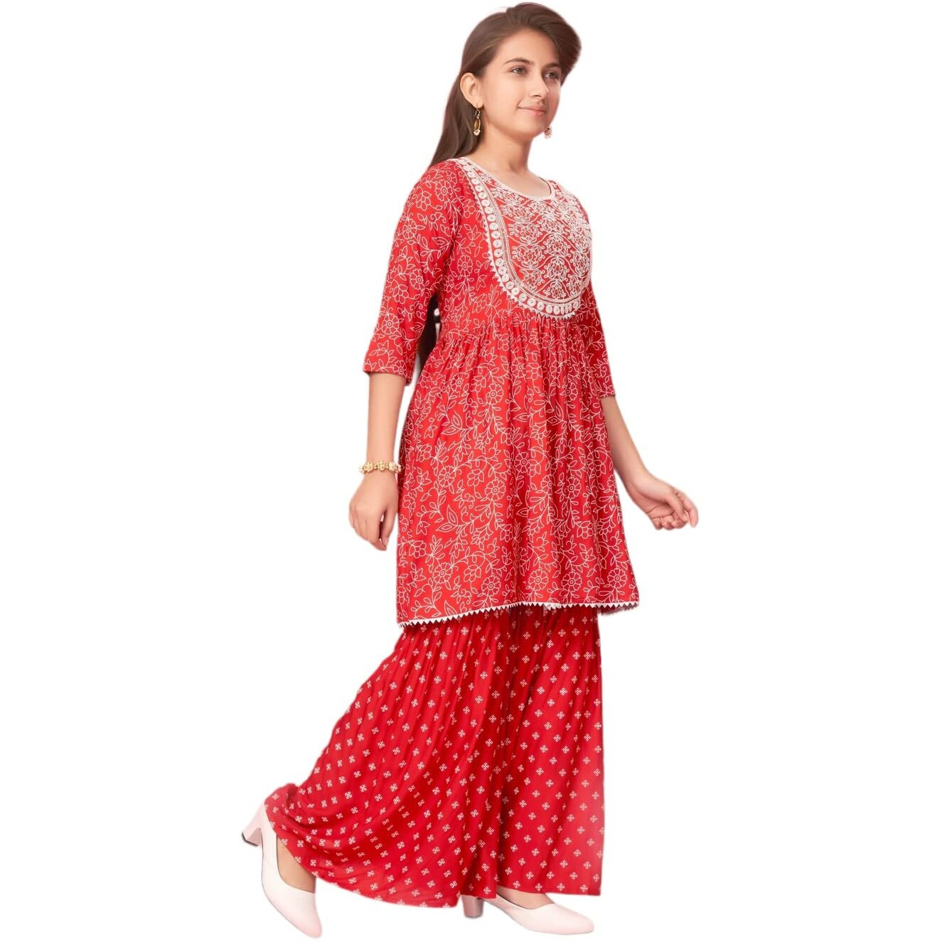 Aarika Girls Orange Colour Cotton Embroidery Kurti Sharara Set (Sh-Ap-C-3-Orange-36)