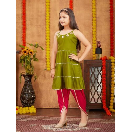 Aarika Girls Ethnic Wear Mehendi Colour Sequins With Gota Lace Work Rayon Dhoti Kurta Set (5-11 Years)
