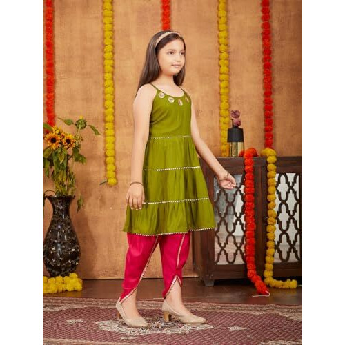 Aarika Girls Ethnic Wear Mehendi Colour Sequins With Gota Lace Work Rayon Dhoti Kurta Set (5-11 Years)