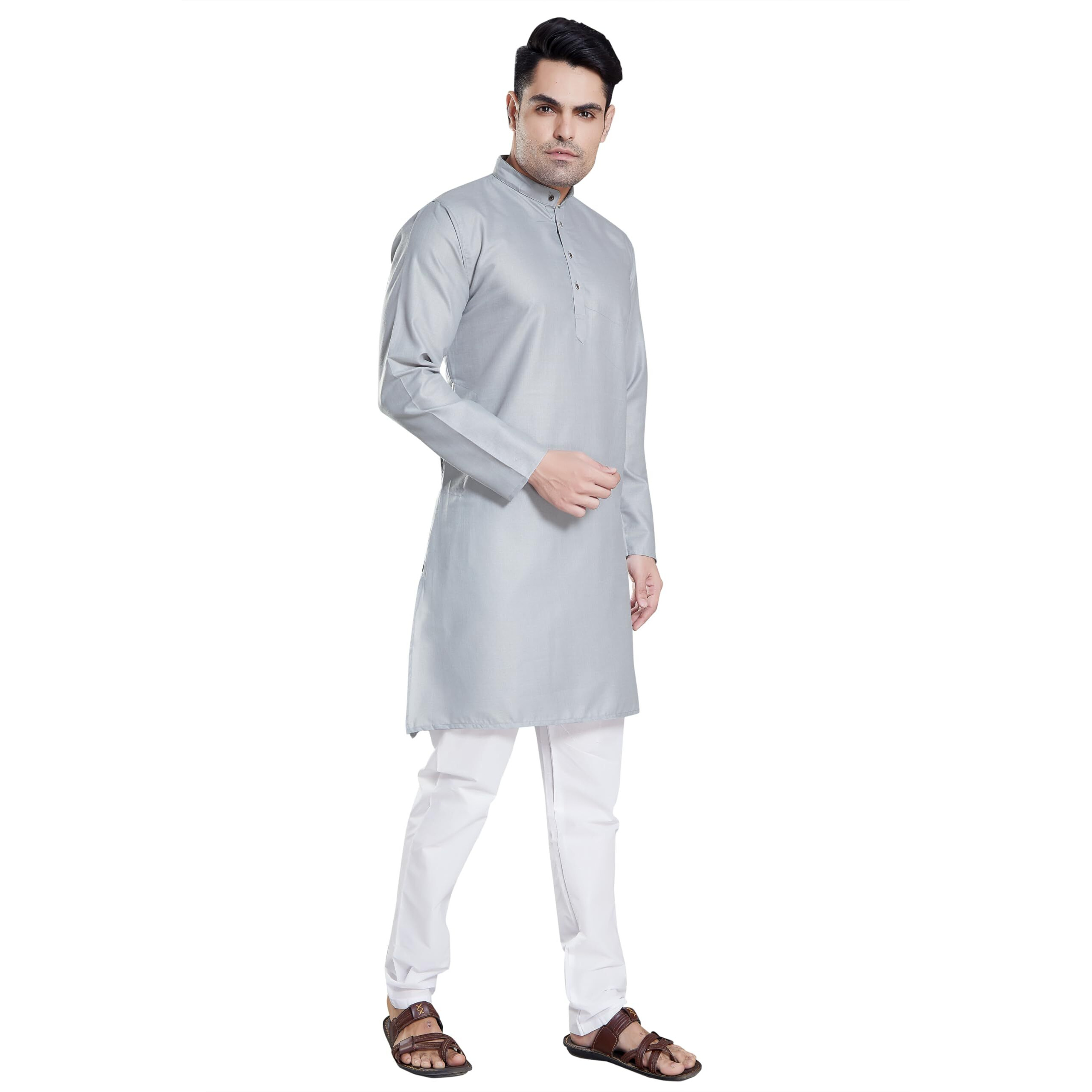 Divisive Men's Plain Cotton Blend Linen Slim Fit Kurta Pyjama Set (Dkrt71_L_Lt Grey)