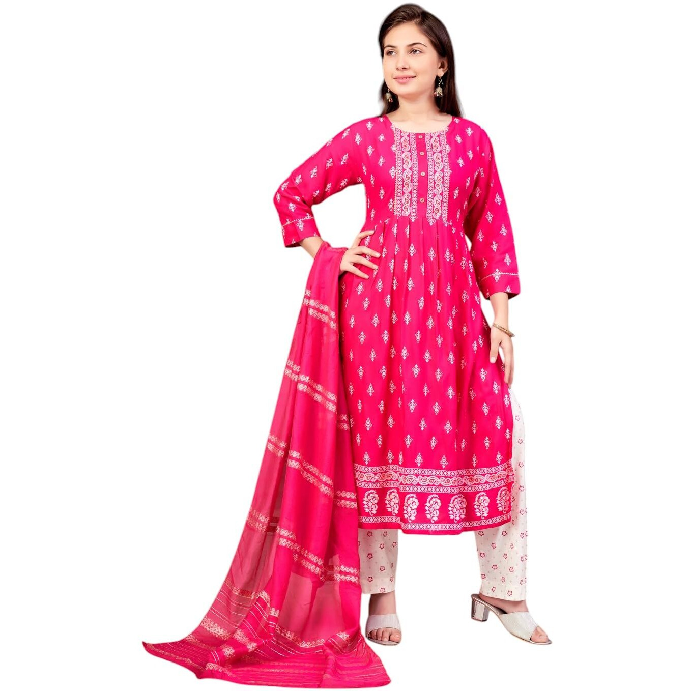 Aarika Girls Ethnic Wear Rani-Off White Colour Foil Print Rayon Kurti Pant Set-8-15 Years (Kp-Sd-5889)