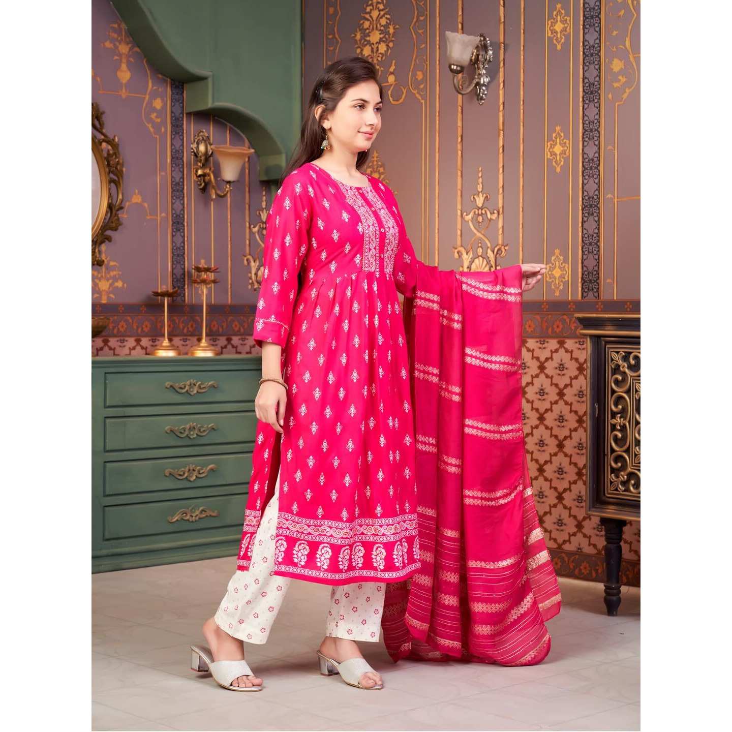 Aarika Girls Ethnic Wear Rani-Off White Colour Foil Print Rayon Kurti Pant Set-8-15 Years (Kp-Sd-5889)