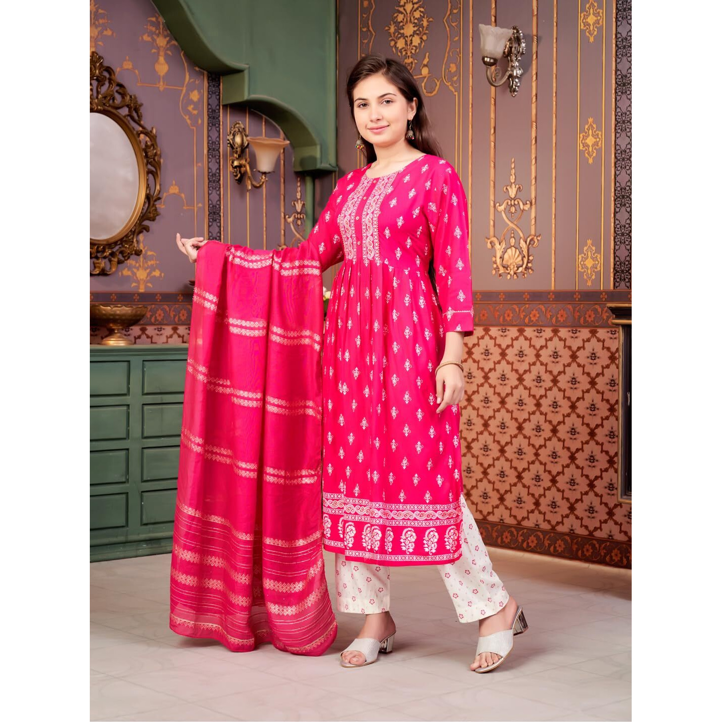 Aarika Girls Ethnic Wear Rani-Off White Colour Foil Print Rayon Kurti Pant Set-8-15 Years (Kp-Sd-5889)