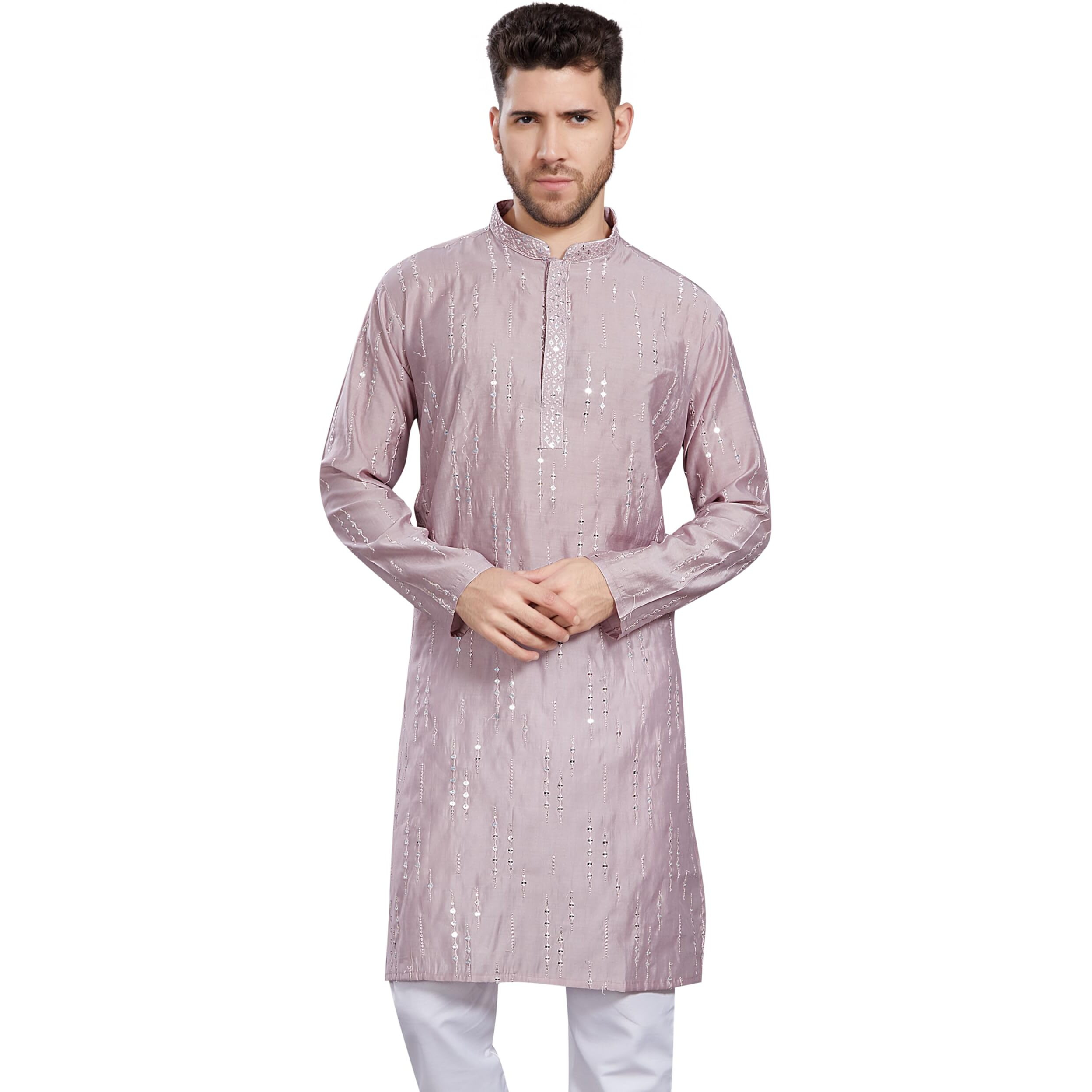 Divisive Men's Mirror Embroidered Silk Blend Only Slim Fit Kurta (Dkrt819_L_Lavender)