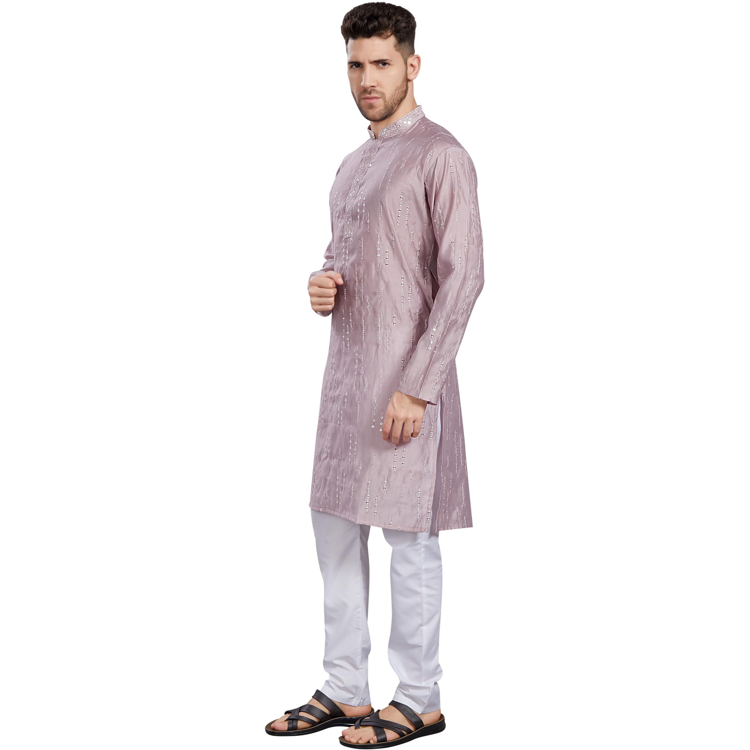 Divisive Men's Mirror Embroidered Silk Blend Only Slim Fit Kurta (Dkrt819_L_Lavender)