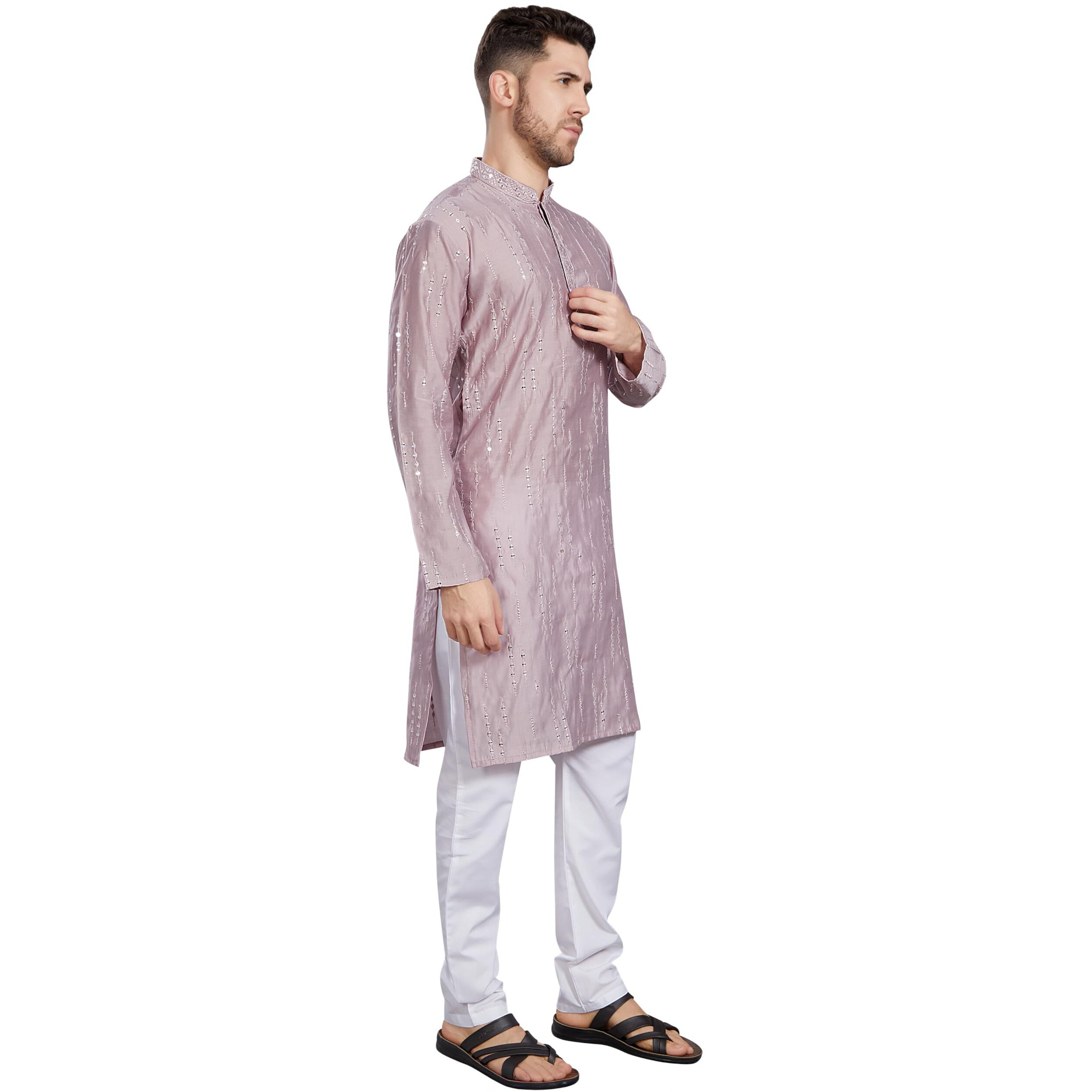 Divisive Men's Mirror Embroidered Silk Blend Only Slim Fit Kurta (Dkrt819_L_Lavender)
