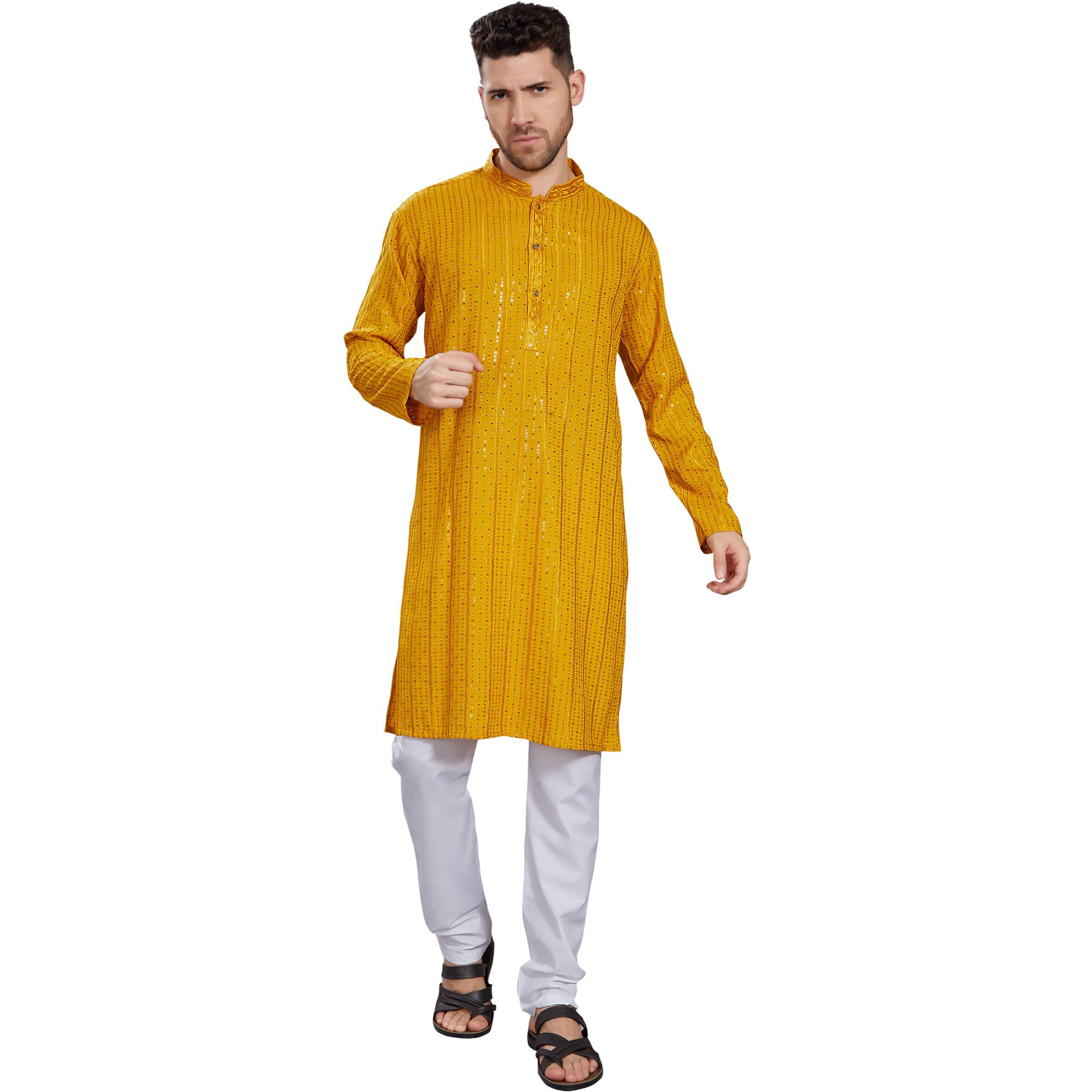 Divisive Men's Embroidered Cotton Blend Only Slim Fit Kurta (Dkrt383_S_Mustard)