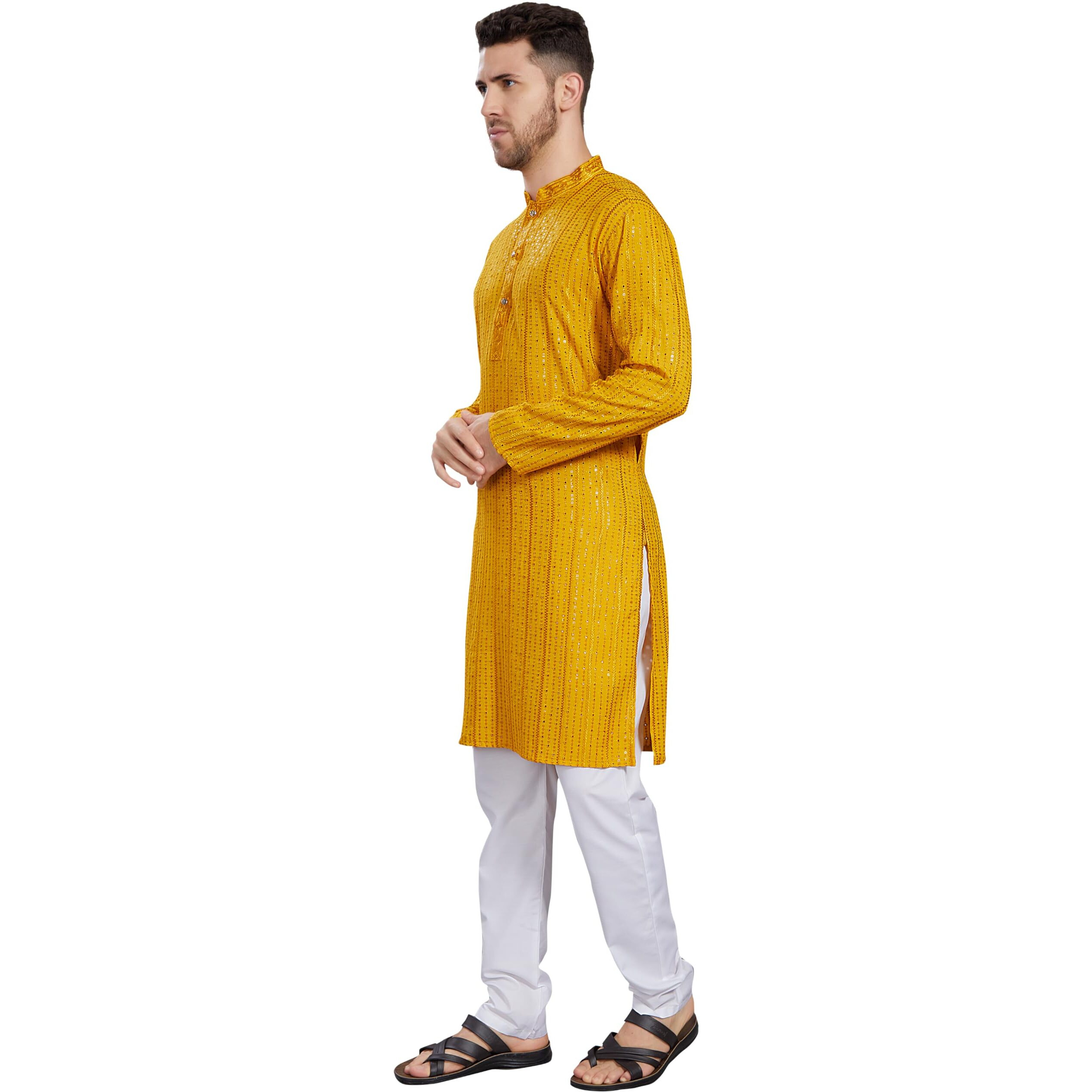 Divisive Men's Embroidered Cotton Blend Only Slim Fit Kurta (Dkrt383_S_Mustard)