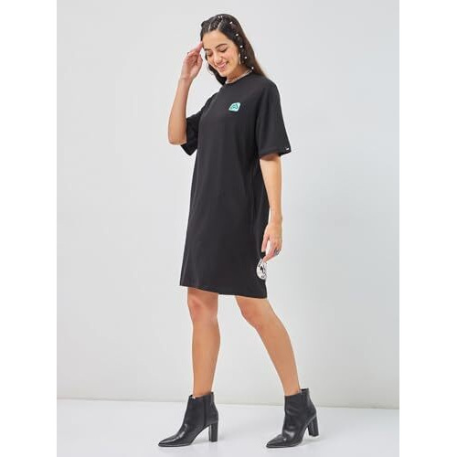 Bewakoof Official Disney Merchandise Women's Graphic Print Oversized Fit Half Sleeve Round Neck Cotton Jersey T-Shirt Dress 603340 Black S