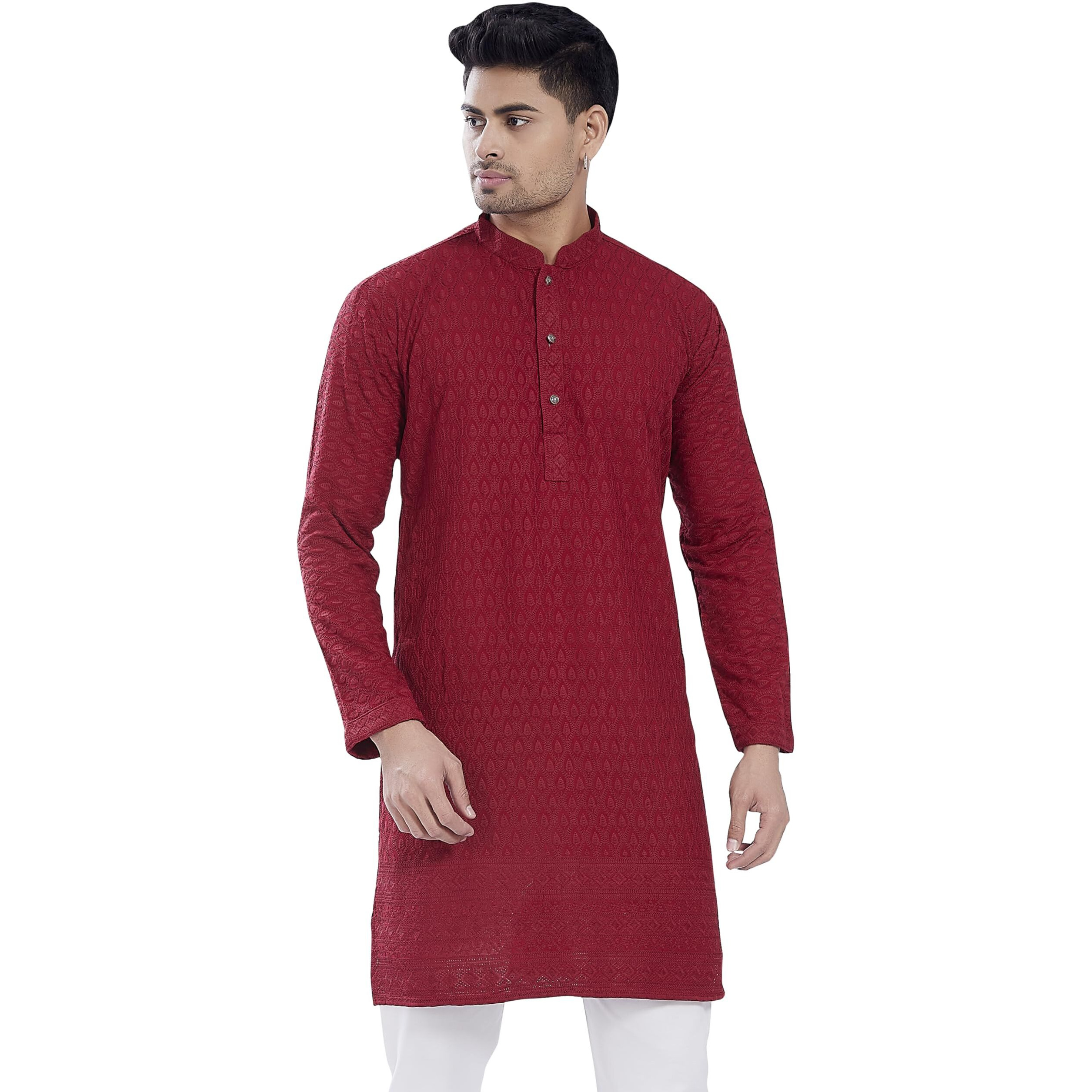 Divisive Men's Thread Embroidered Cotton Blend Only Slim Fit Kurta (Dkrt724_L_Maroon)