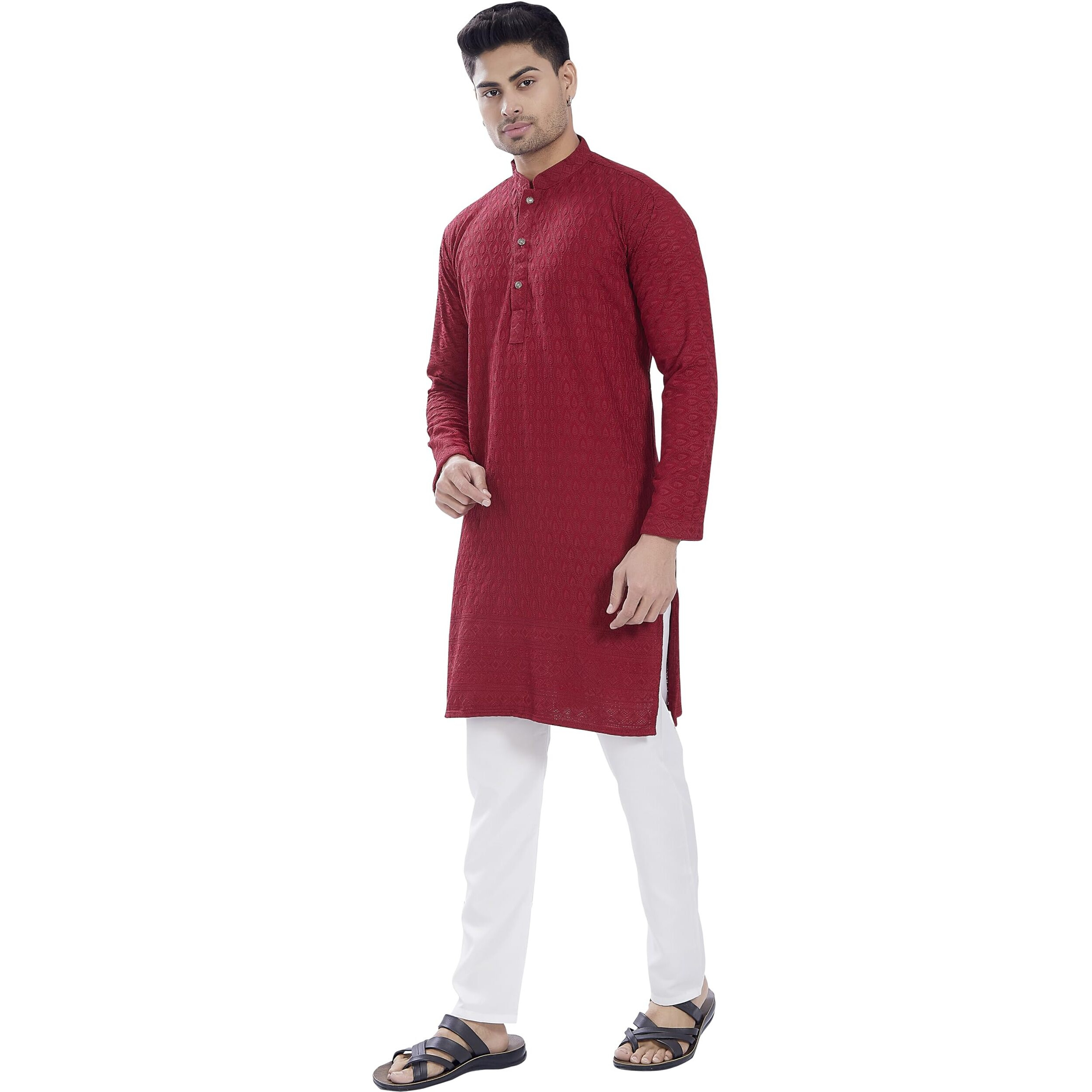 Divisive Men's Thread Embroidered Cotton Blend Only Slim Fit Kurta (Dkrt724_L_Maroon)
