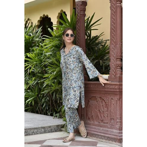 Fabnex Cotton Blend Kurta Set For Women | Women Kurta | Women Kurta Sets Kurtis | Women Kurta Pant Set | Women Kurta Pant Set Women Kurti Set With Pant (K-30-34) (S, Blue)