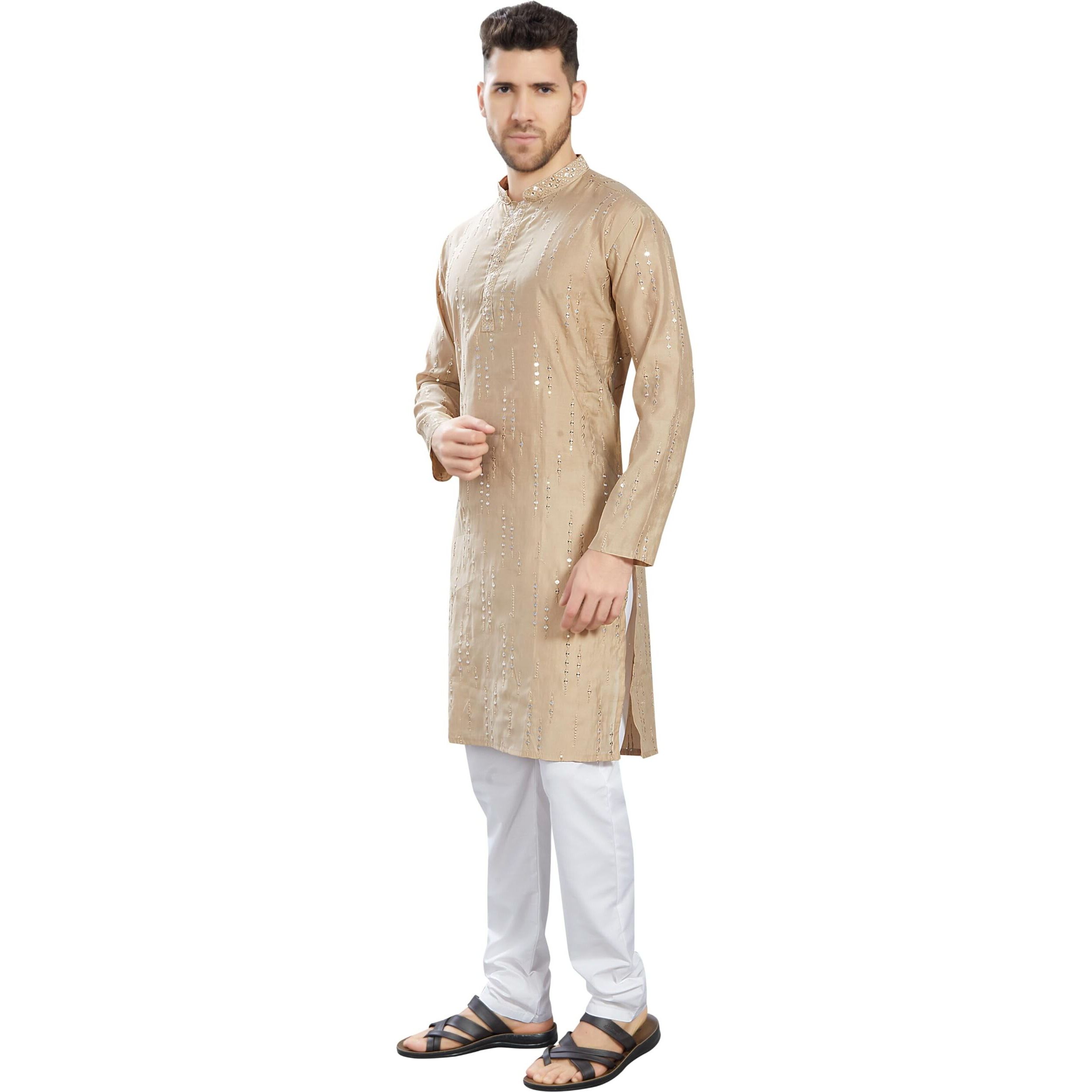 Divisive Men's Mirror Embroidered Silk Blend Only Slim Fit Kurta (Dkrt813_L_Peach)