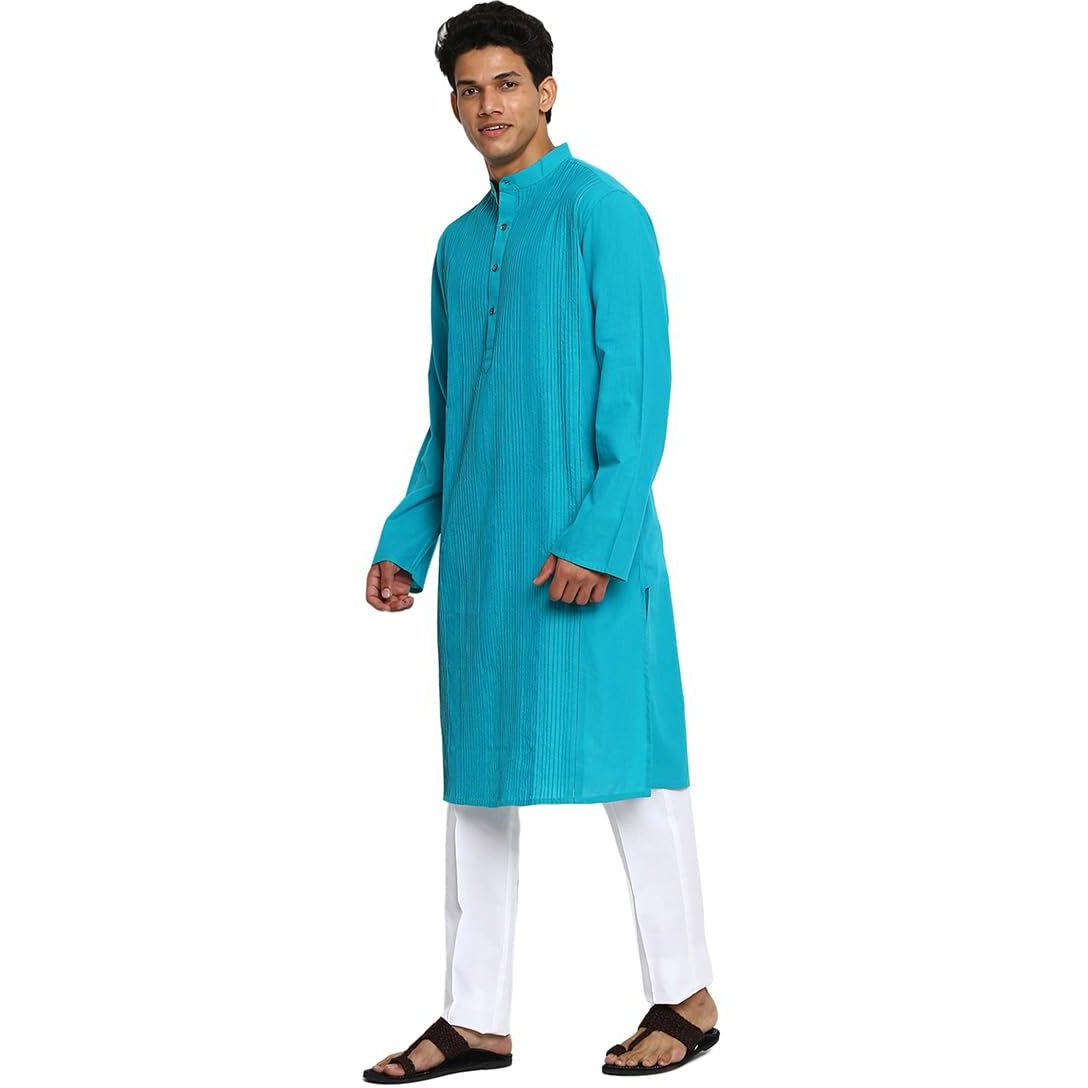 Fabindia Men's Cotton Slim Kurta (100720901_Turquoise