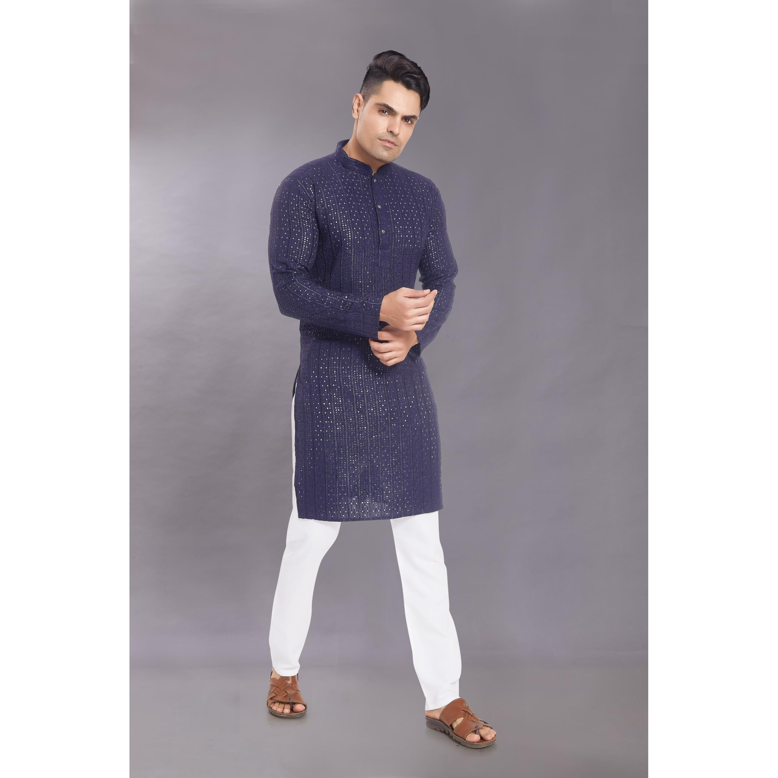 Divisive Men's Embroidered Cotton Blend Only Slim Fit Kurta (Dkrt371_S_Navy Blue)