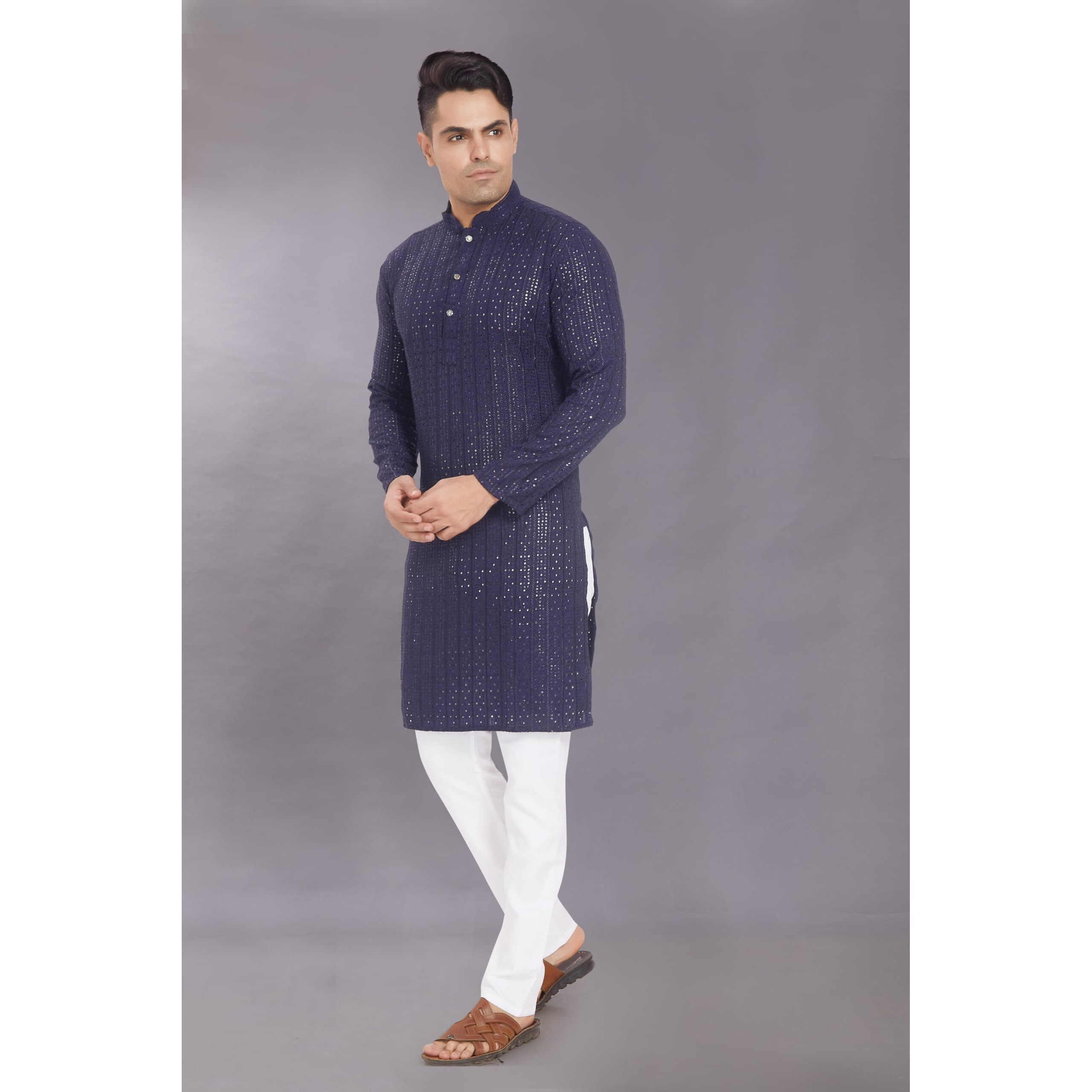 Divisive Men's Embroidered Cotton Blend Only Slim Fit Kurta (Dkrt371_S_Navy Blue)