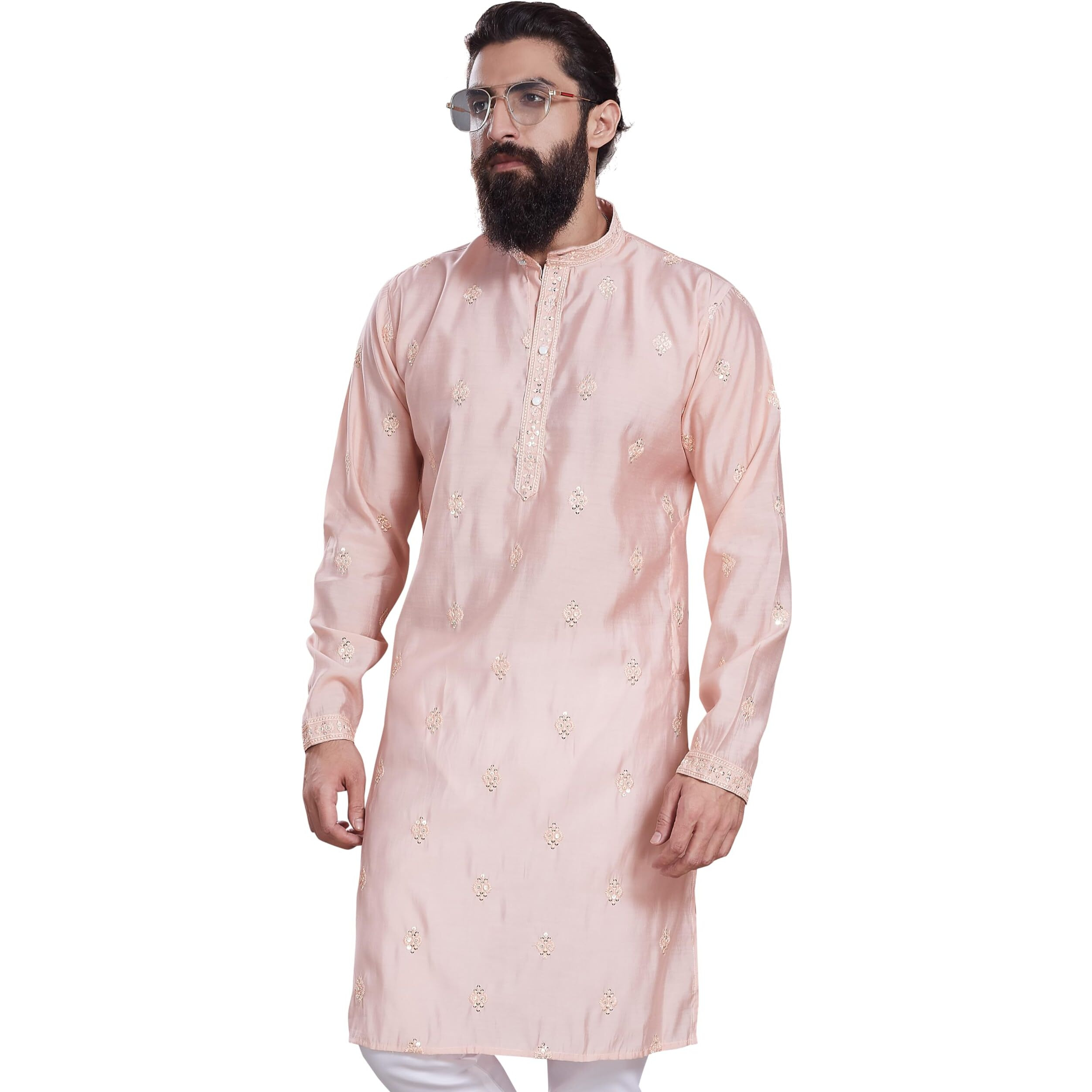 Divisive Men's Embroidered Cotton Silk Blend Only Slim Fit Kurta (Dkrt209_S_Peach)