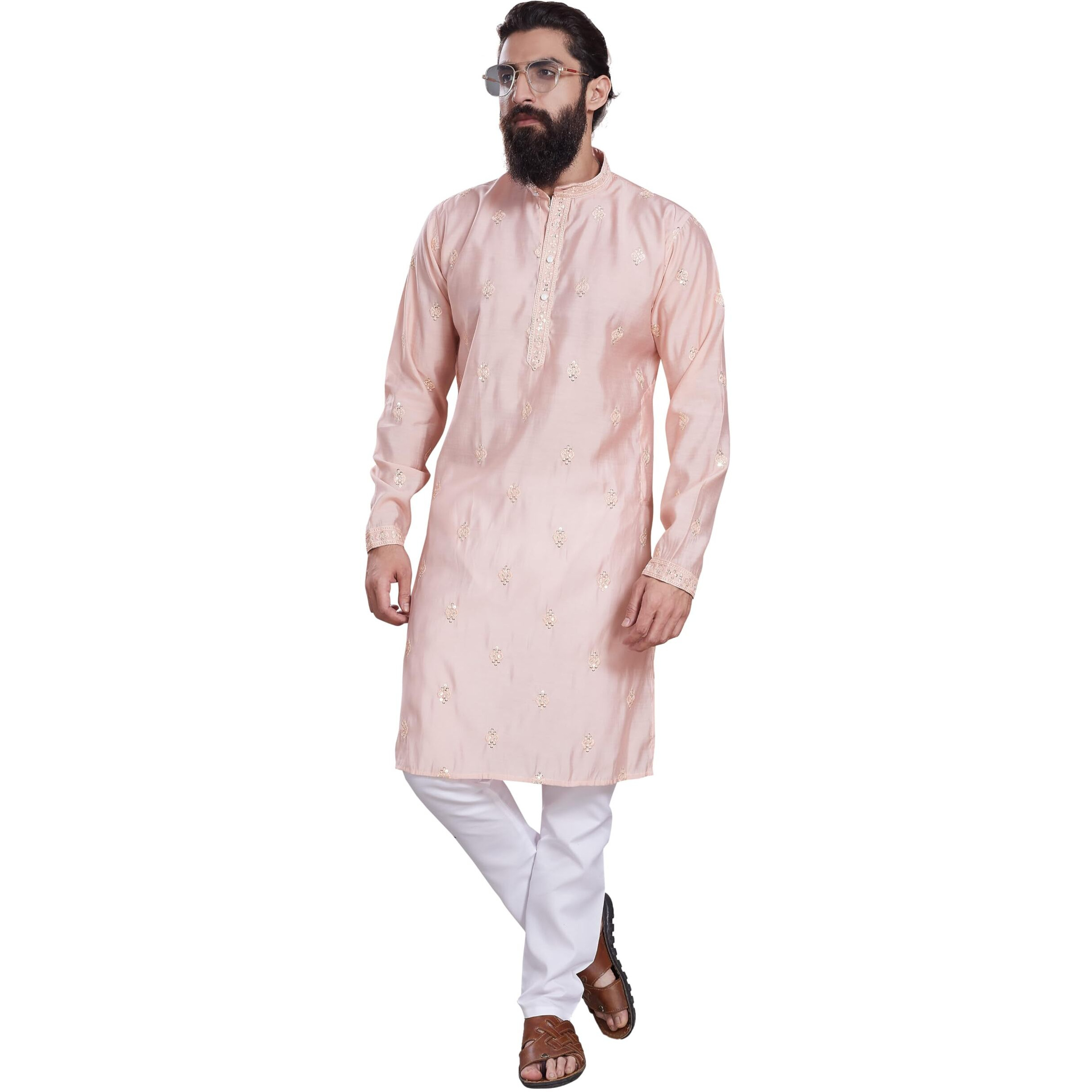 Divisive Men's Embroidered Cotton Silk Blend Only Slim Fit Kurta (Dkrt209_S_Peach)