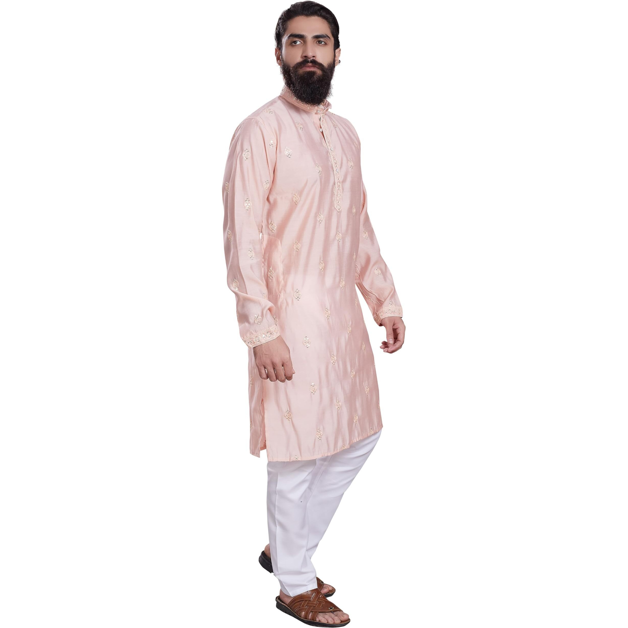 Divisive Men's Embroidered Cotton Silk Blend Only Slim Fit Kurta (Dkrt209_S_Peach)