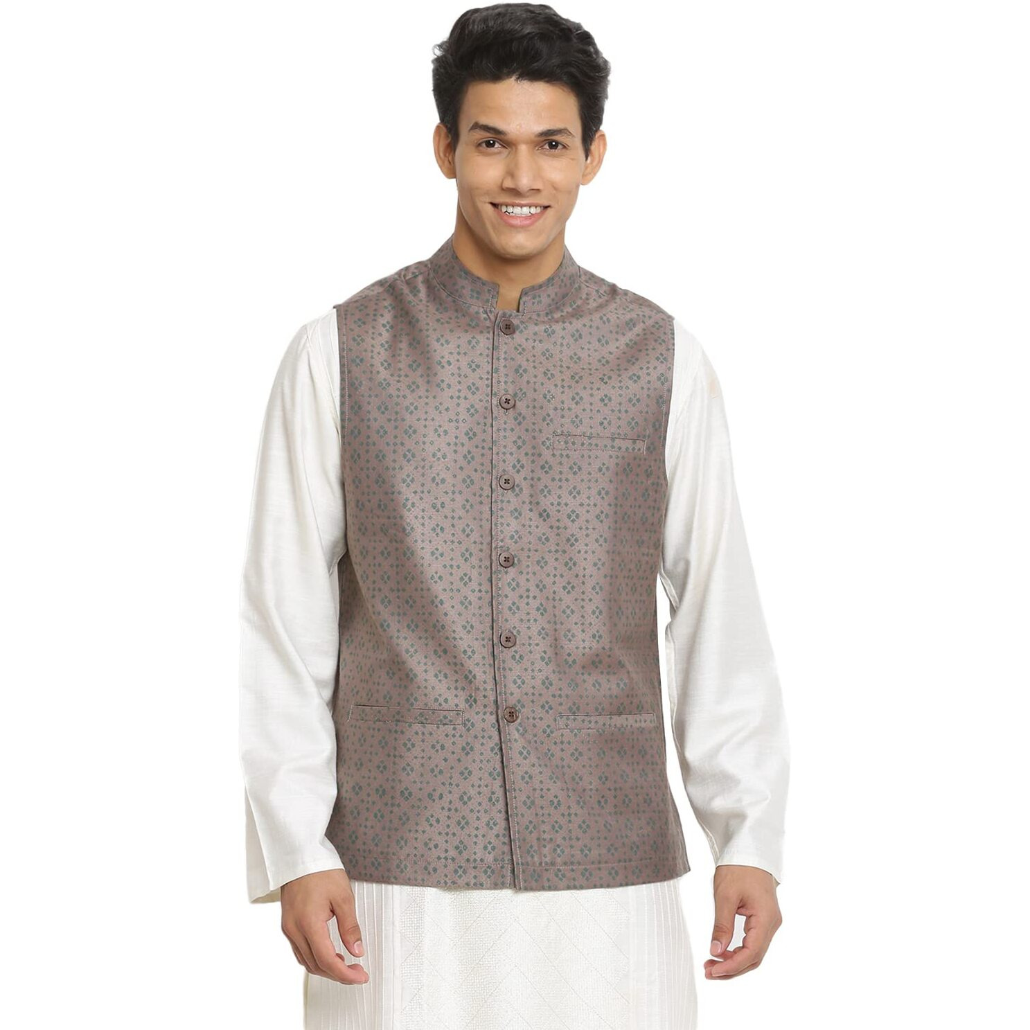 Fabindia Men Collar Viscose Silk Printed Nehru Jacket Chinese_Xs