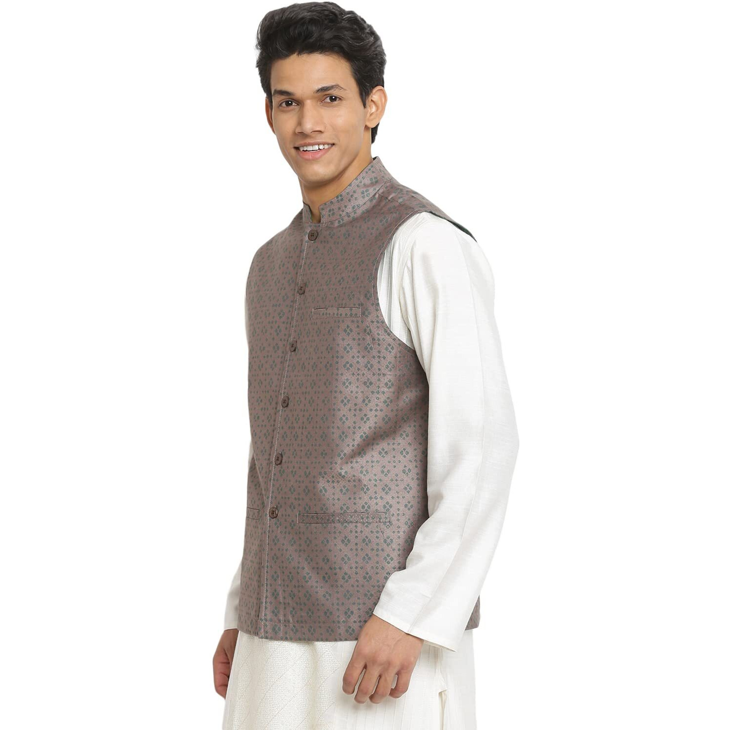 Fabindia Men Collar Viscose Silk Printed Nehru Jacket Chinese_Xs