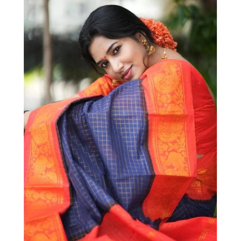 Flosive Women's Kanjivaram Silk Saree With Handloom Weaving Work With Blouse Piece (Blue)