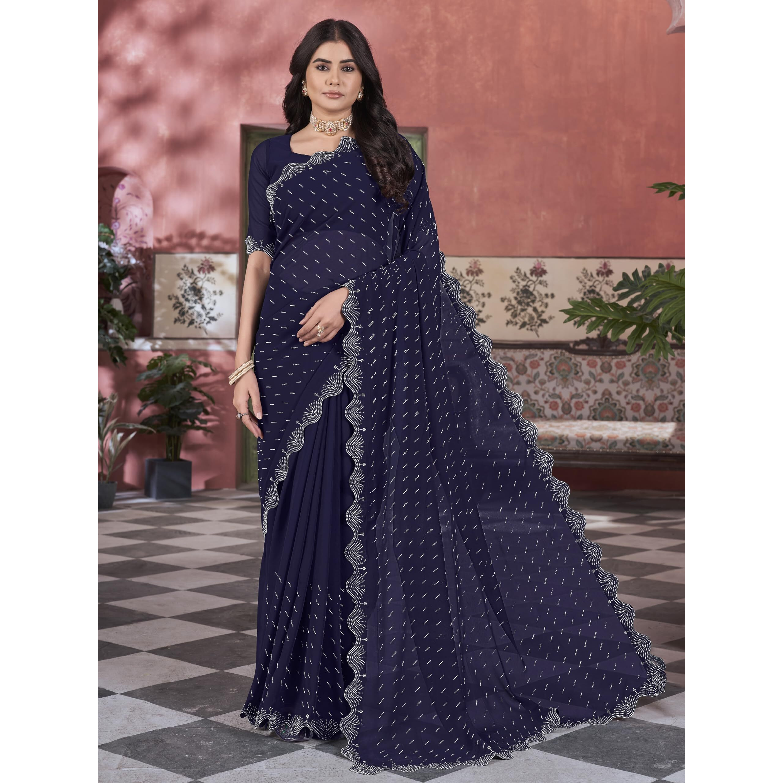 Glory Sarees Women's Georgette Swarovski Saree With Blouse Piece (Swarovskisarees_Navy)
