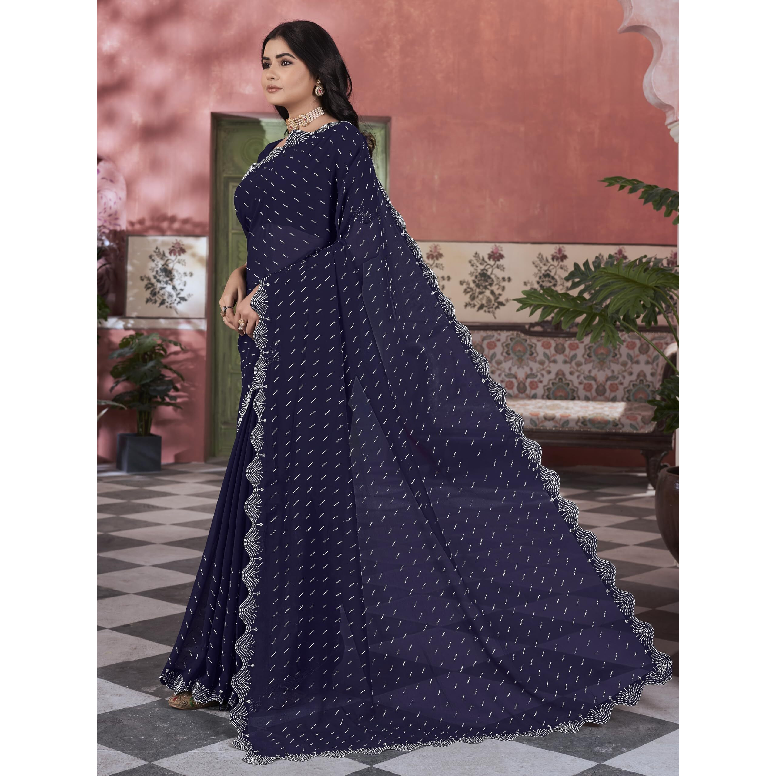 Glory Sarees Women's Georgette Swarovski Saree With Blouse Piece (Swarovskisarees_Navy)