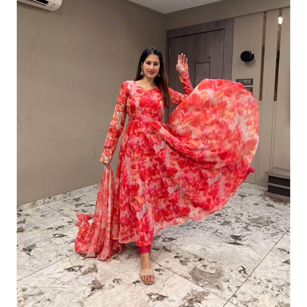 Fashion Basket Floral Organza Gown Bottom And Dupatta Set. (Medium) Red
