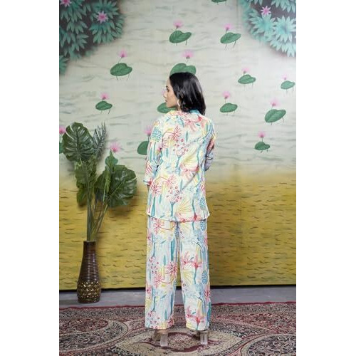 Greciilooks Rayon Floral Regular Fit Stylish Kurta Ethnic For Women | 3/4 Sleeve Co-Ord Set (Gl-W1938&Tr960_Blue_Xl)