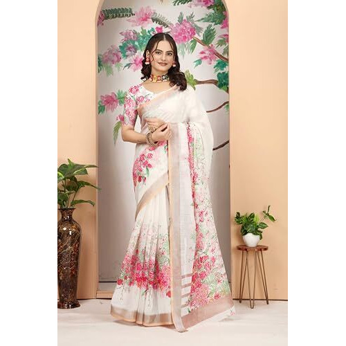 Greciilooks Cotton Sarees For Women | Saree Party Wear | Traditional Sarees For Women (White, Free)