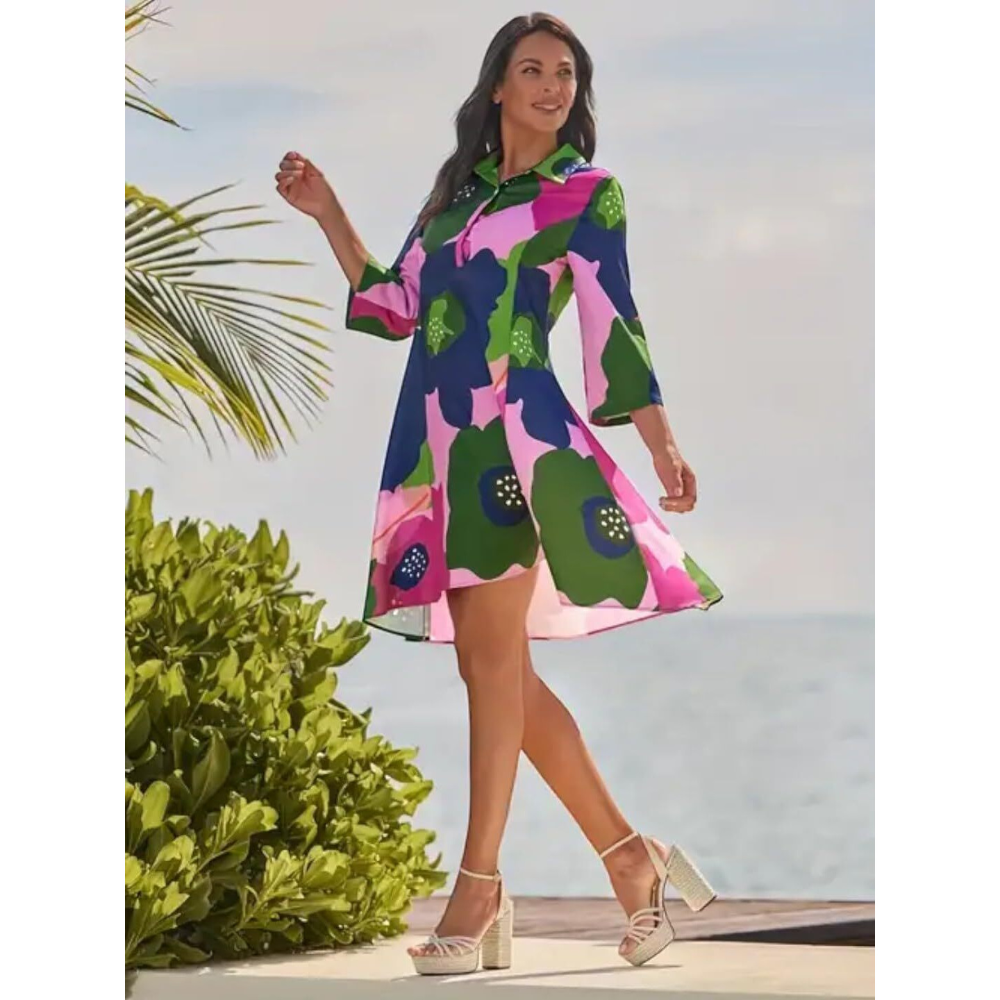 Gufrina Women's 3/4 Sleeve Collar Neck Dress - Vibrant Floral Print A-Line Dress For Casual And Beachwear (Pink Xl)