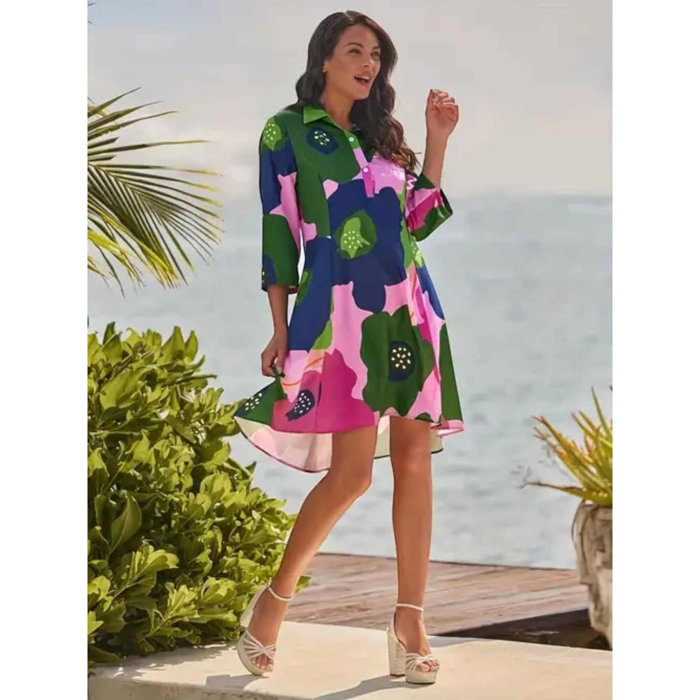 Gufrina Women's 3/4 Sleeve Collar Neck Dress - Vibrant Floral Print A-Line Dress For Casual And Beachwear (Pink Xl)